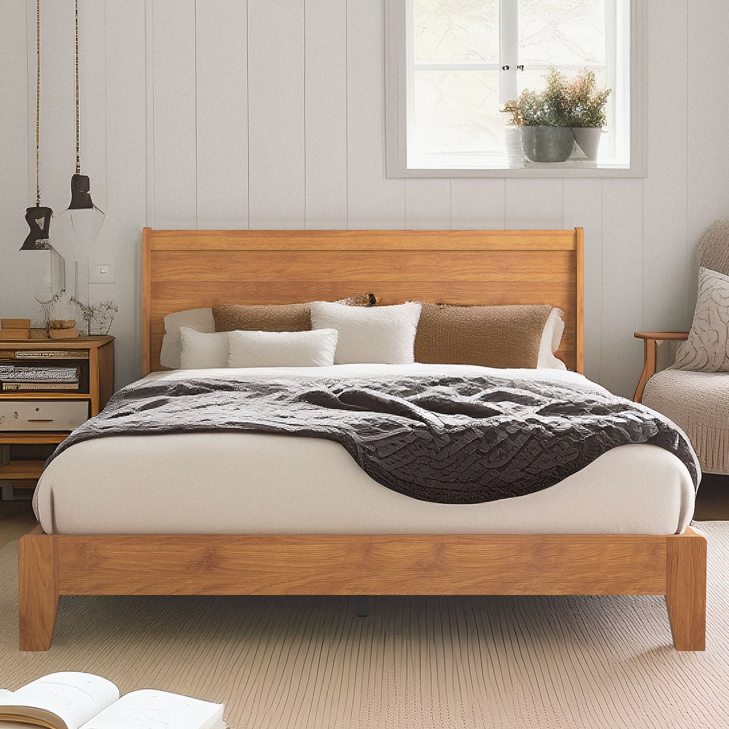 Galano Queen Abby Serene Bed with Headboard – Amber Walnut