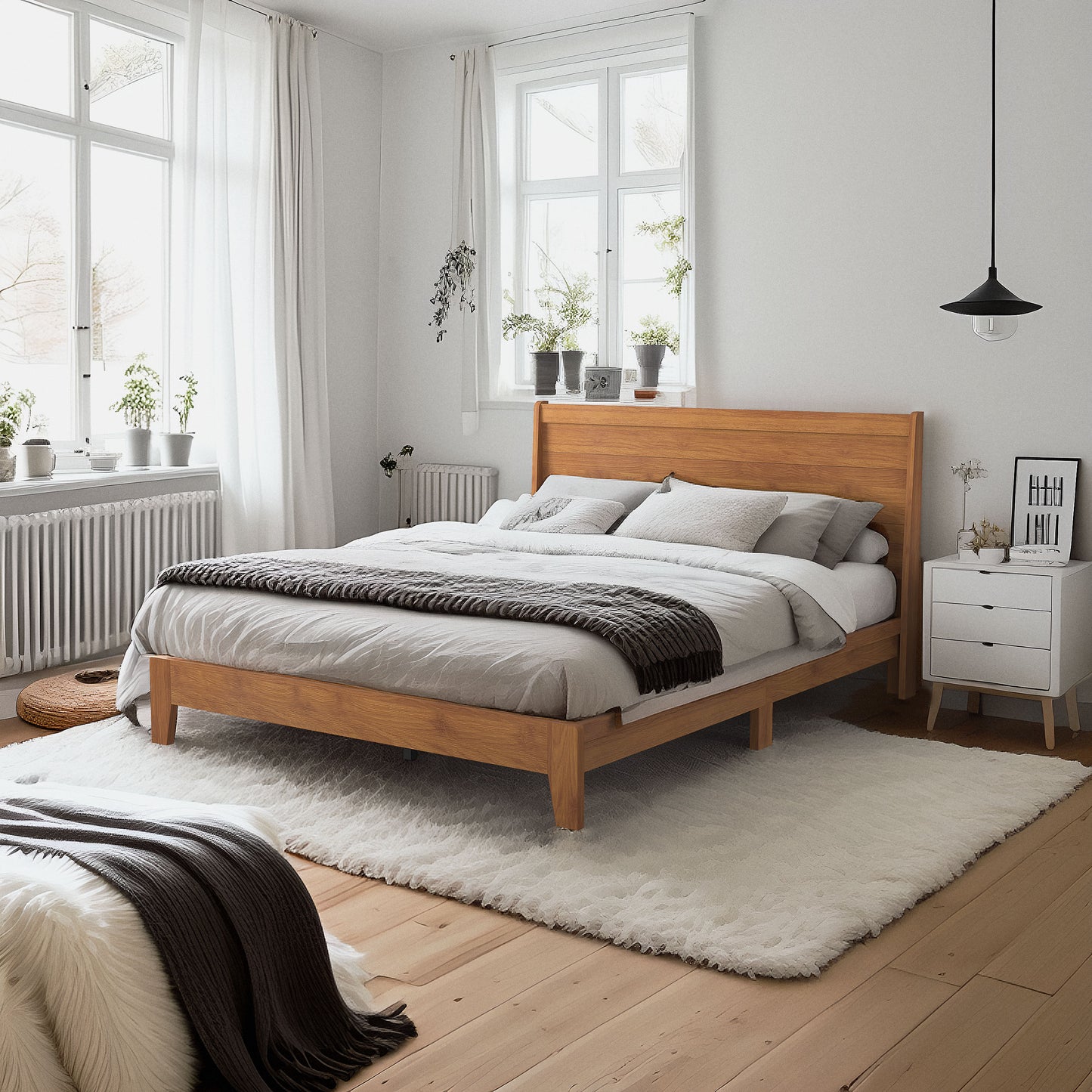 Galano Queen Abby Serene Bed with Headboard – Amber Walnut