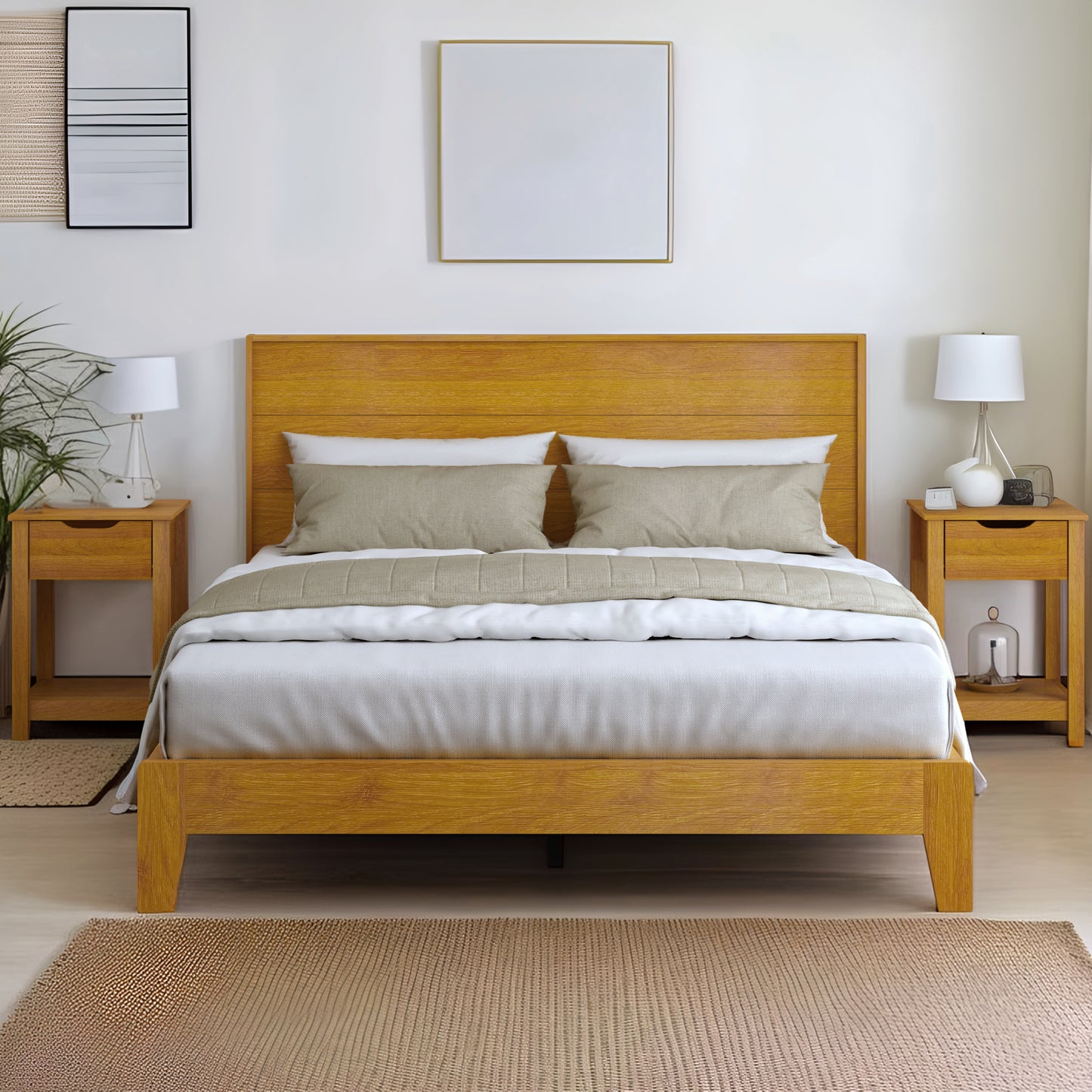 Galano Queen Payne Luxe Bed with Headboard & Elira 2-Drawer Nightstands, Set of 2 – Amber Walnut