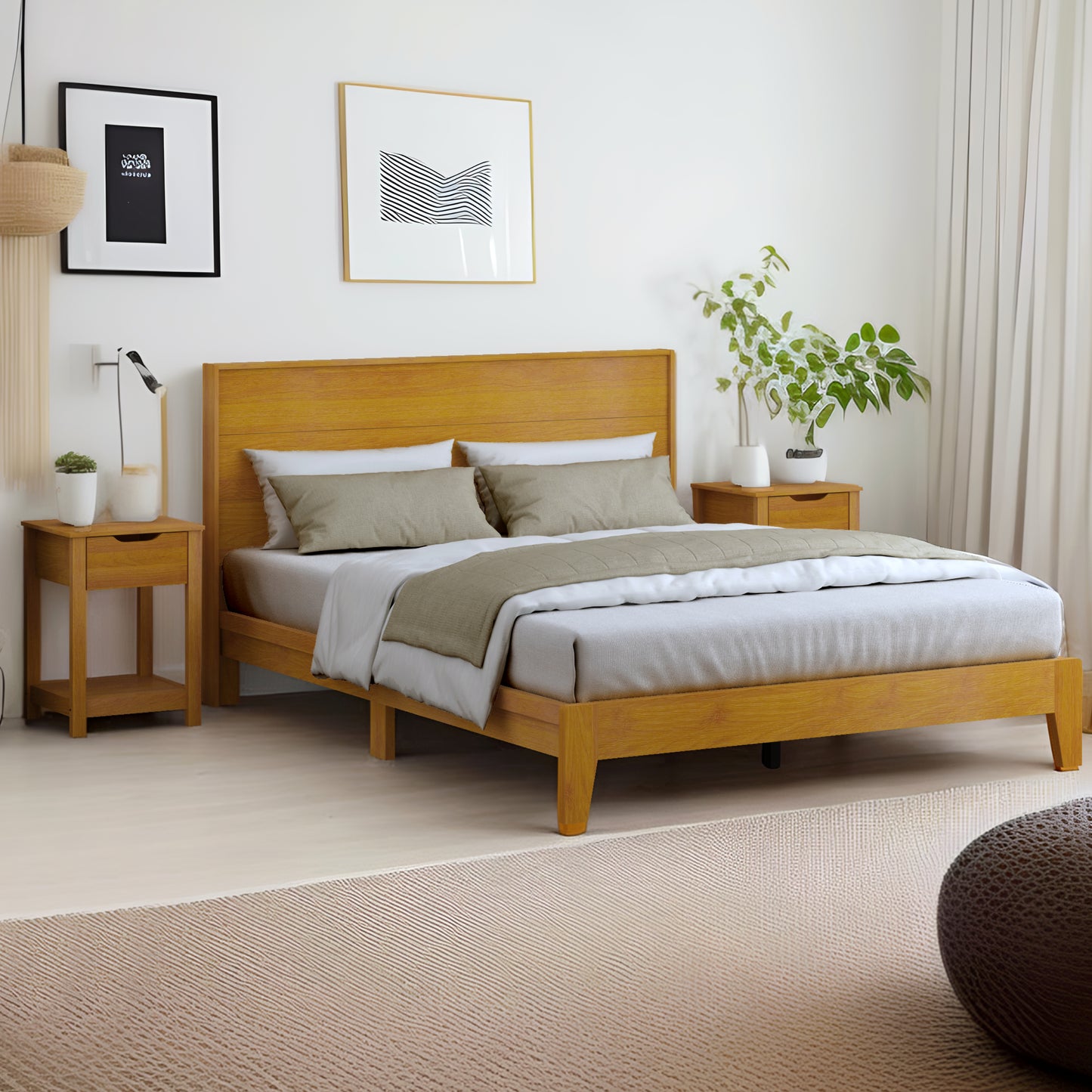 Galano Queen Payne Luxe Bed with Headboard & Elira 2-Drawer Nightstands, Set of 2 – Amber Walnut