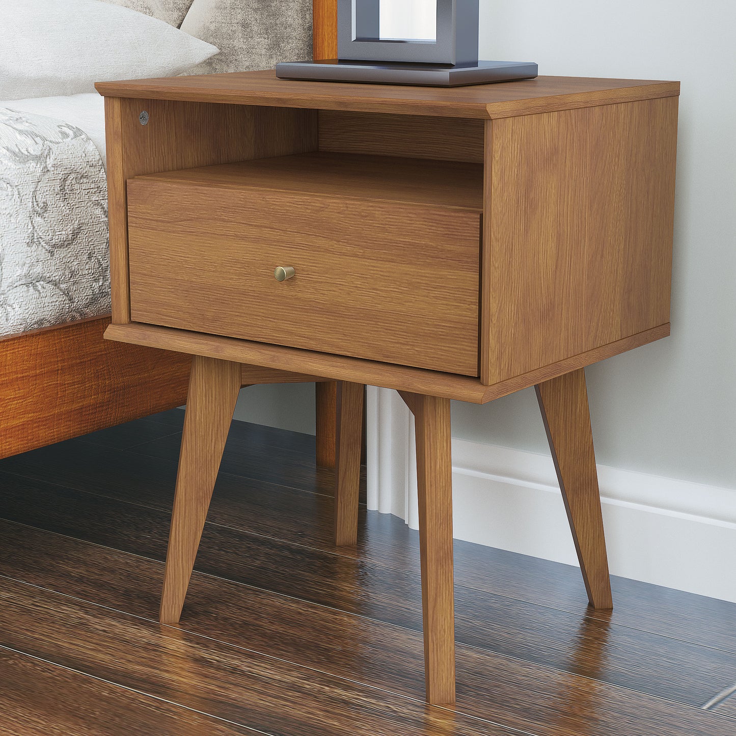 Galano Abby Serene 1-Drawer Nightstand with Storage, Set of 2 - Amber Walnut
