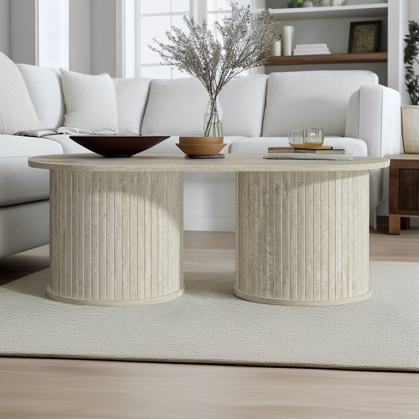 Galano Fluted Oblong Coffee Table with Round Base 39.2" W × 19.5" D × 14.9" H
