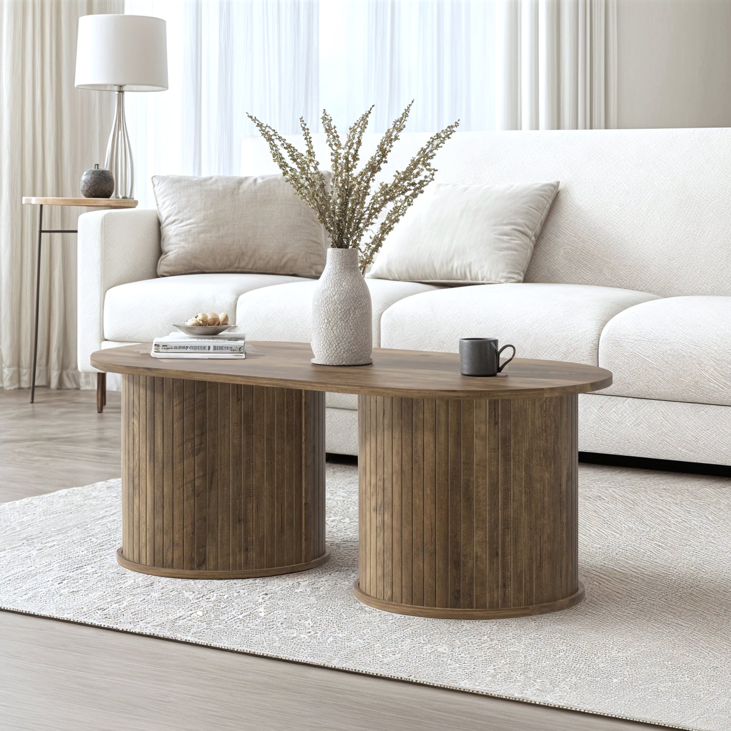 Galano Fluted Oblong Coffee Table with Round Base 39.2" W × 19.5" D × 14.9" H