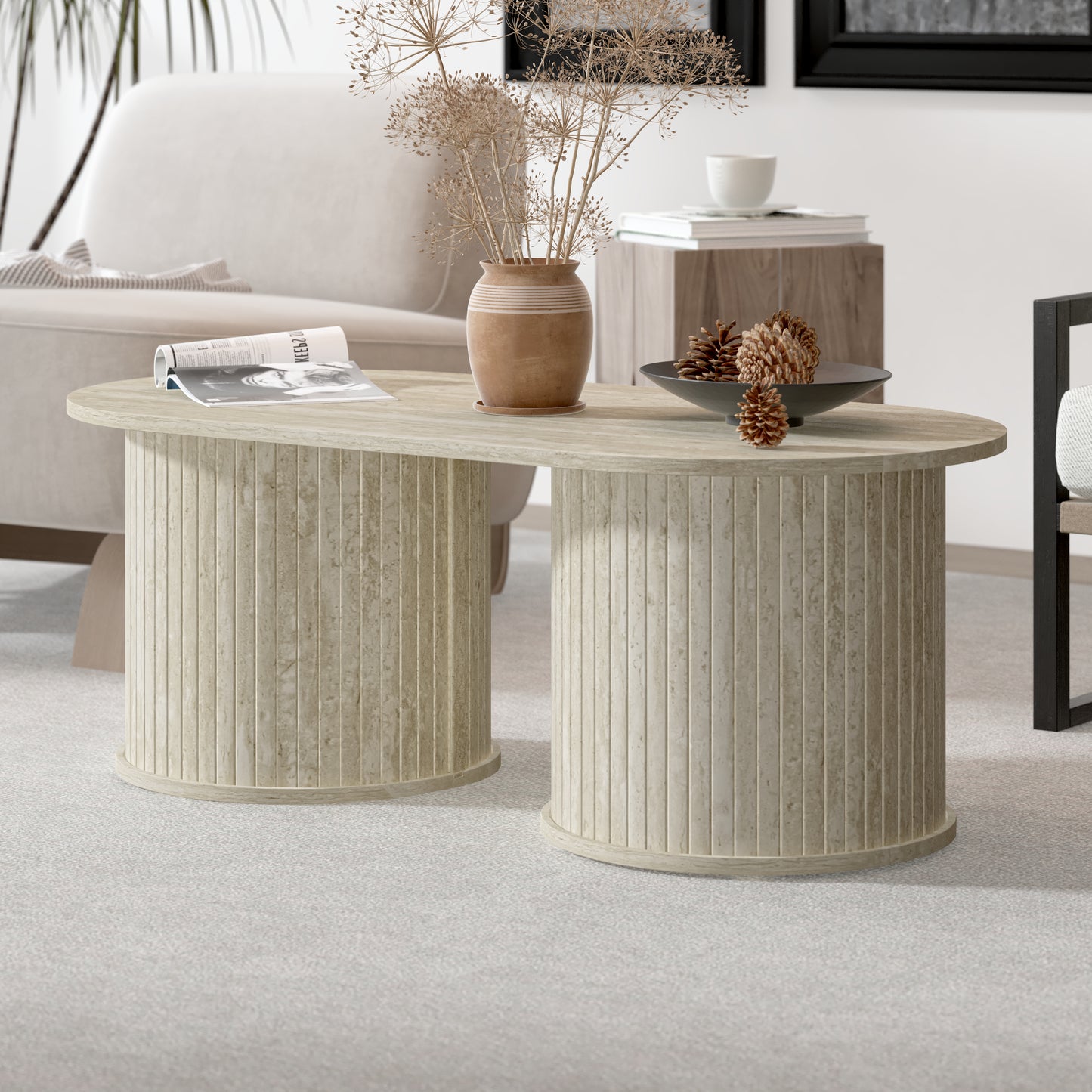 Galano Fluted Oblong Coffee Table with Round Base 39.2" W × 19.5" D × 14.9" H