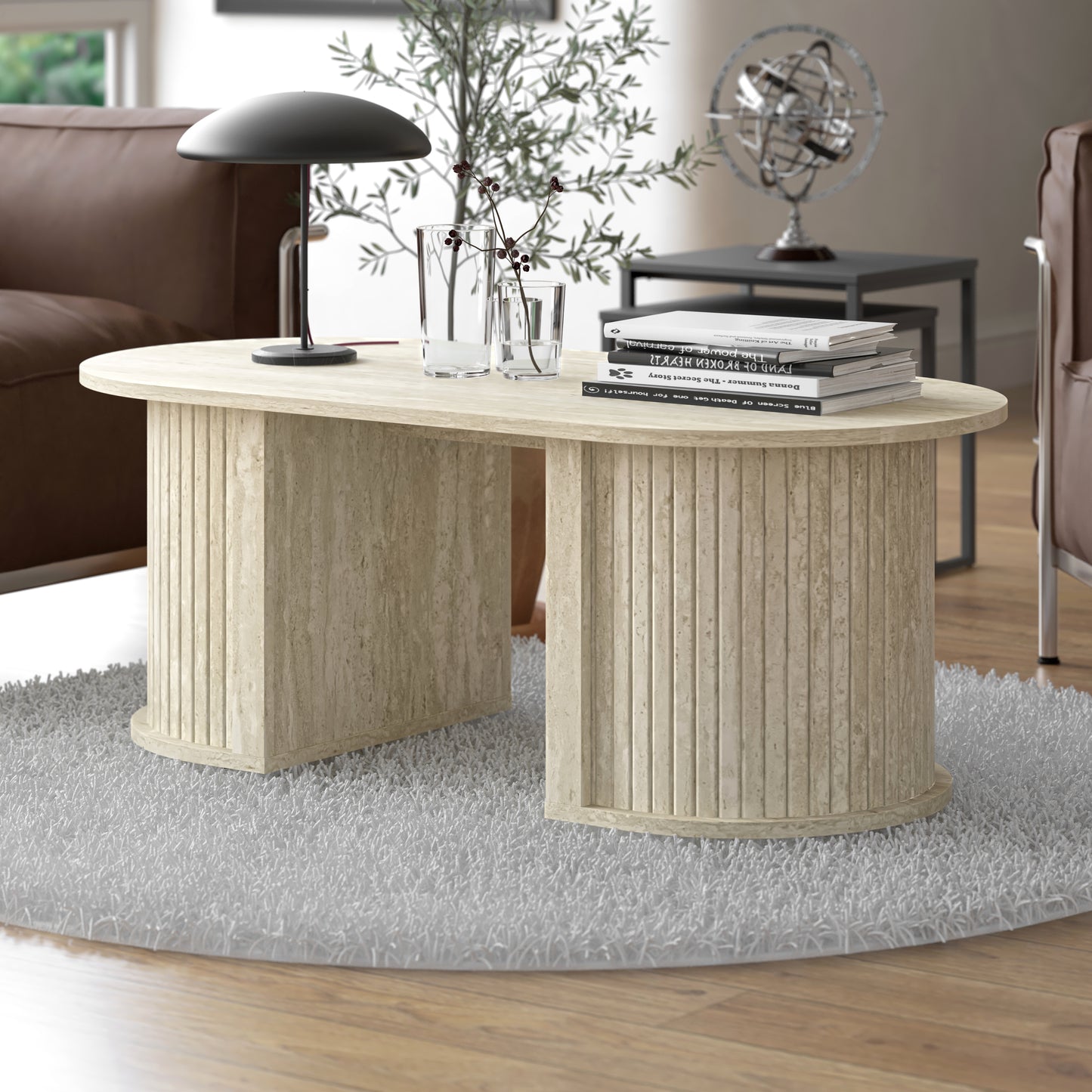 Galano Fluted Oblong Coffee Table with Semi-Round Base 39.2" W × 19.5" D × 14.9" H