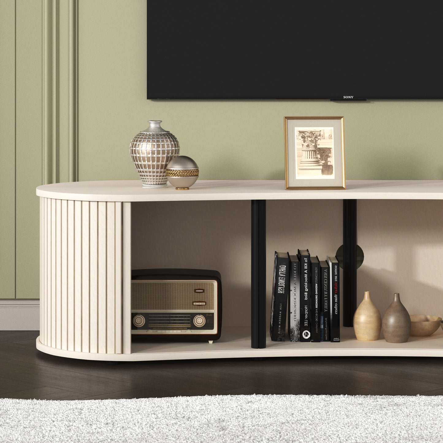 Galano Curved TV Stand with Sliding Doors, 59.1" W x 17.7" D x 14.9" H