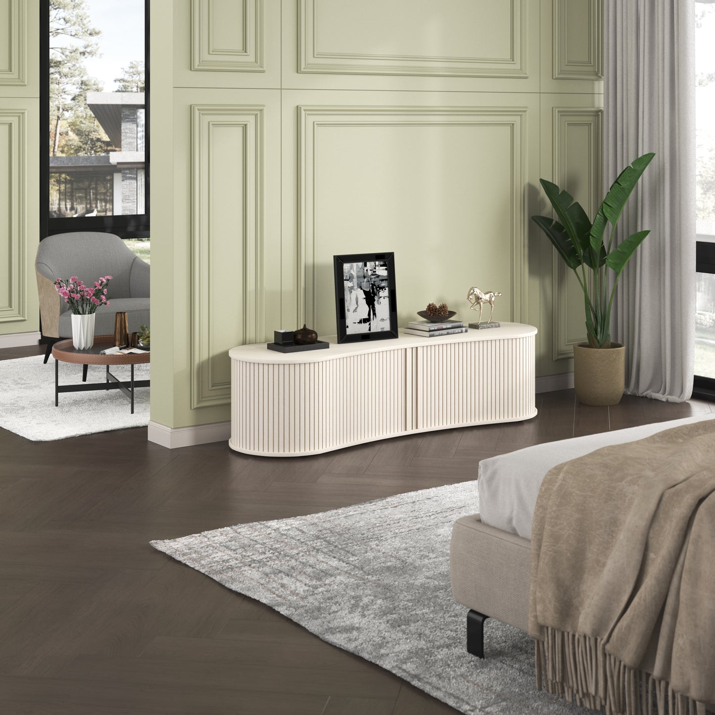 Galano Curved TV Stand with Sliding Doors, 59.1" W x 17.7" D x 14.9" H