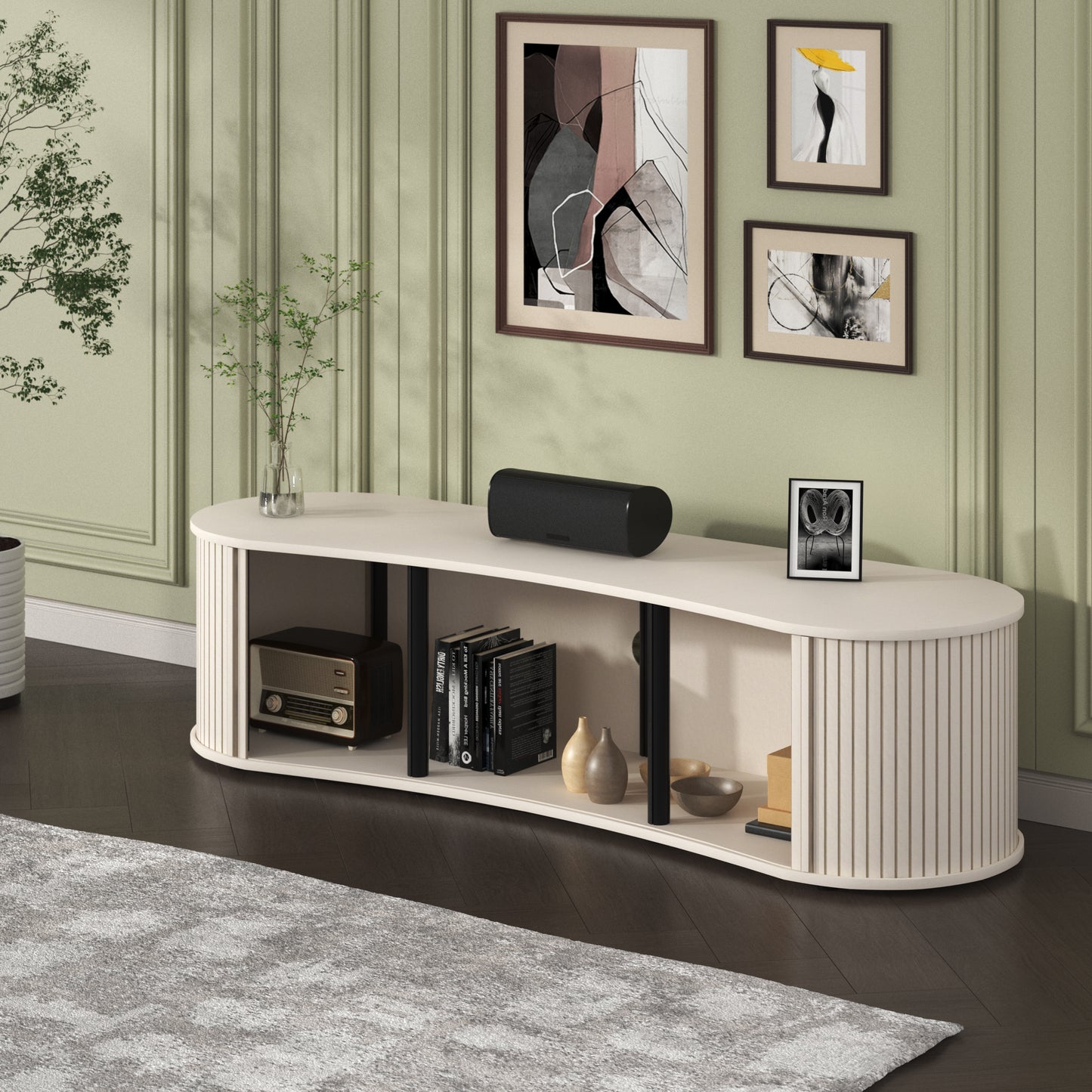 Galano Curved TV Stand with Sliding Doors, 59.1" W x 17.7" D x 14.9" H