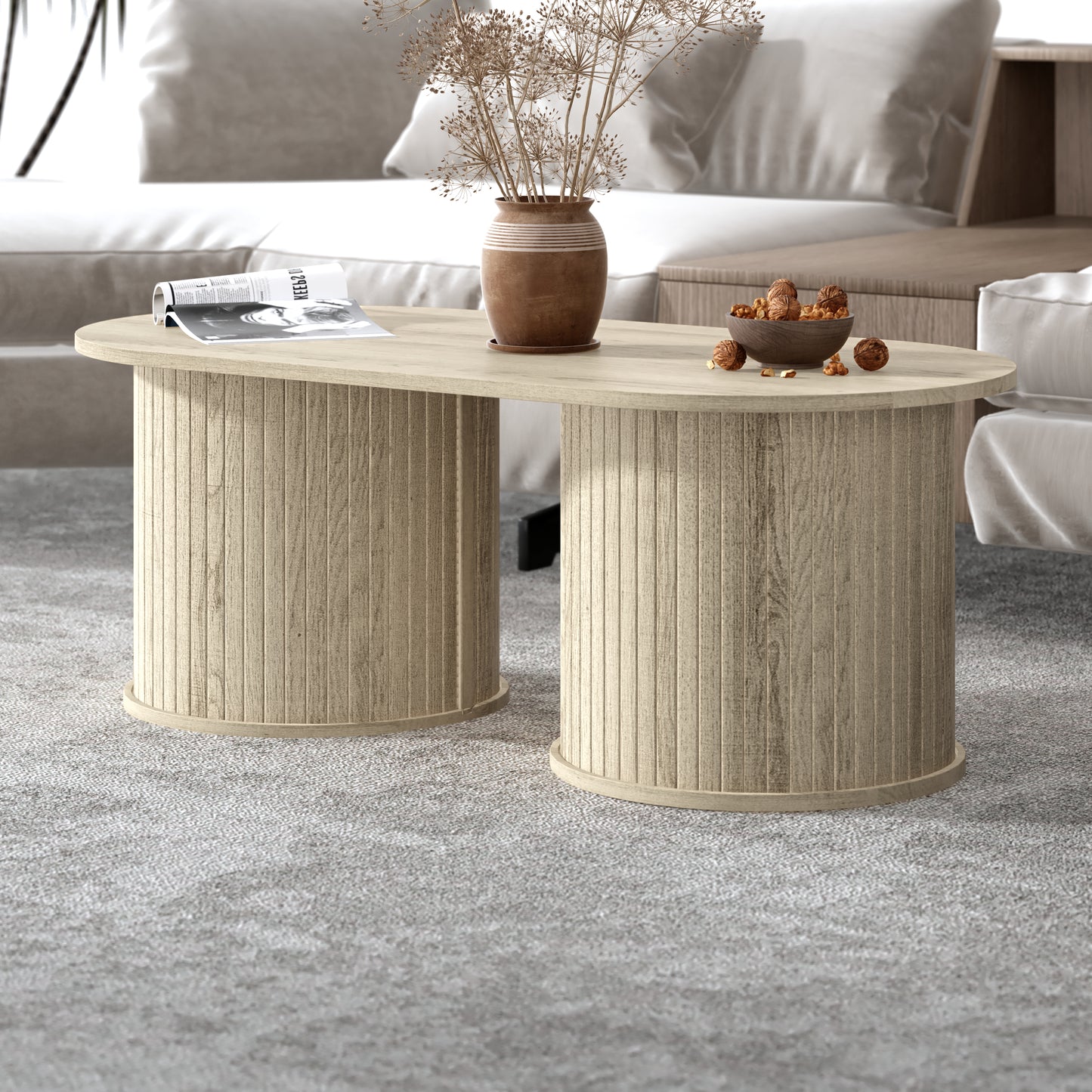 Galano Fluted Oblong Coffee Table with Round Base 39.2" W × 19.5" D × 14.9" H