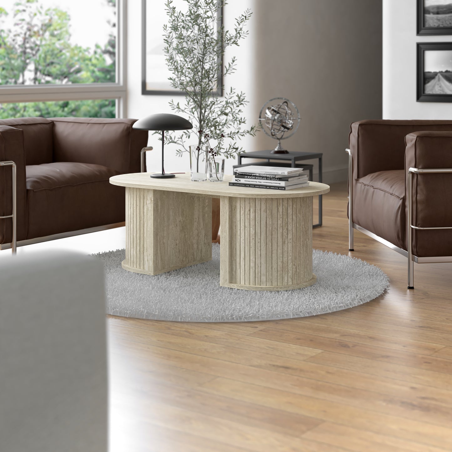 Galano Fluted Oblong Coffee Table with Semi-Round Base 39.2" W × 19.5" D × 14.9" H