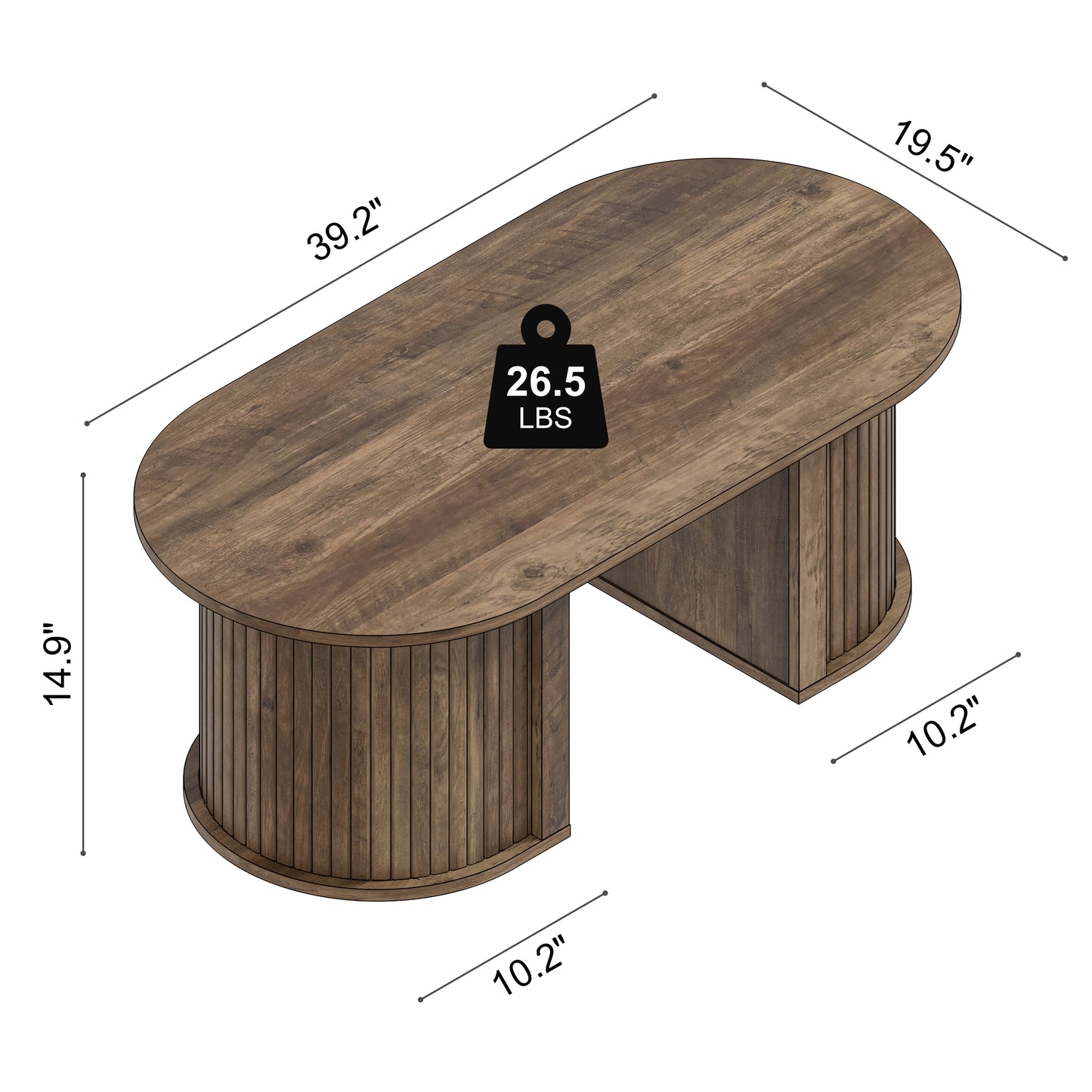 Galano Fluted Oblong Coffee Table with Semi-Round Base 39.2" W × 19.5" D × 14.9" H