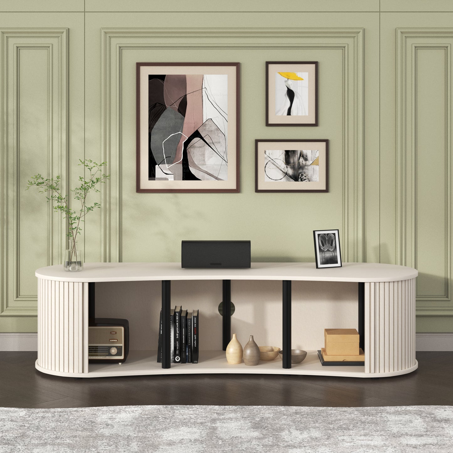 Galano Curved TV Stand with Sliding Doors, 59.1" W x 17.7" D x 14.9" H