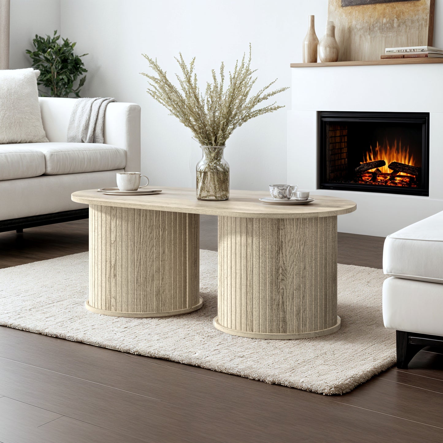 Galano Fluted Oblong Coffee Table with Round Base 39.2" W × 19.5" D × 14.9" H