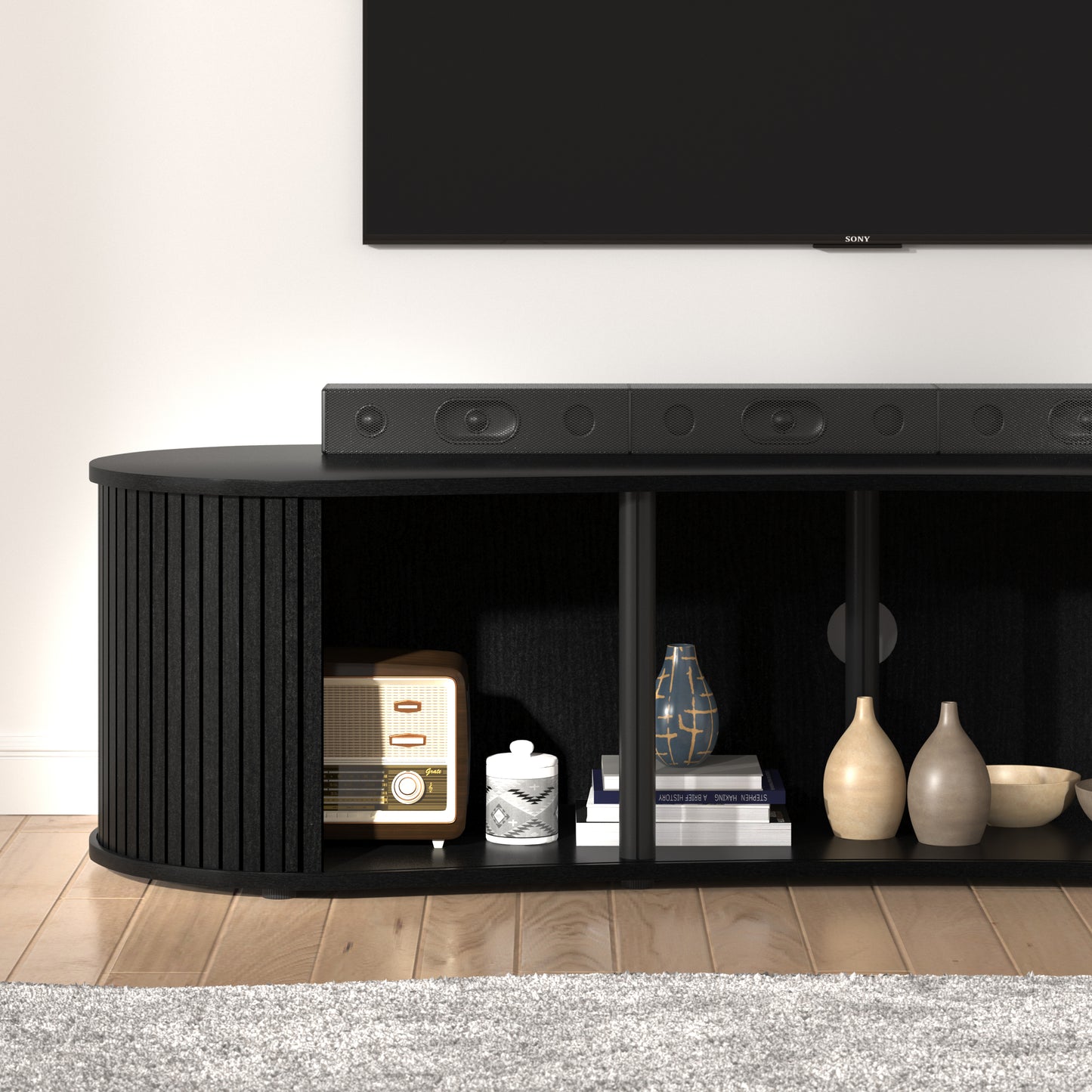 Galano Curved TV Stand with Sliding Doors, 59.1" W x 17.7" D x 14.9" H