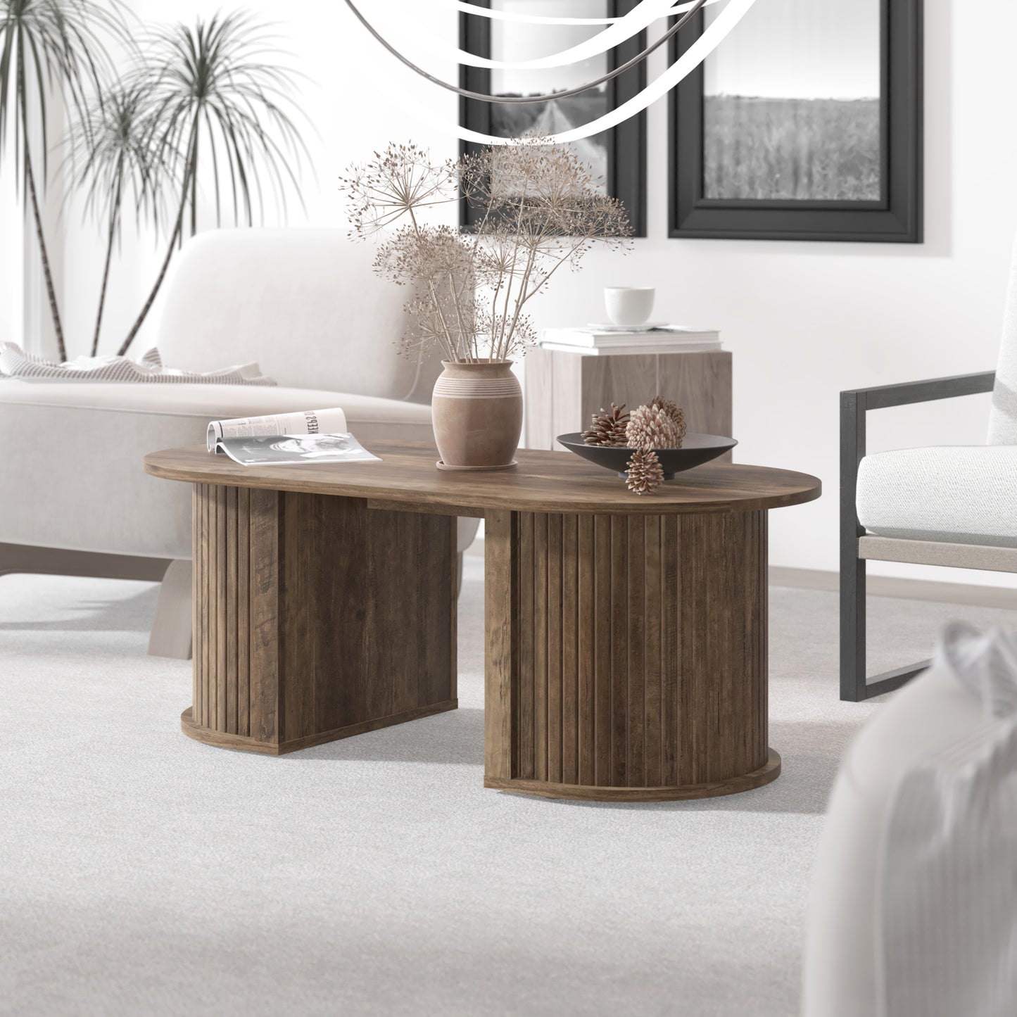 Galano Fluted Oblong Coffee Table with Semi-Round Base 39.2" W × 19.5" D × 14.9" H