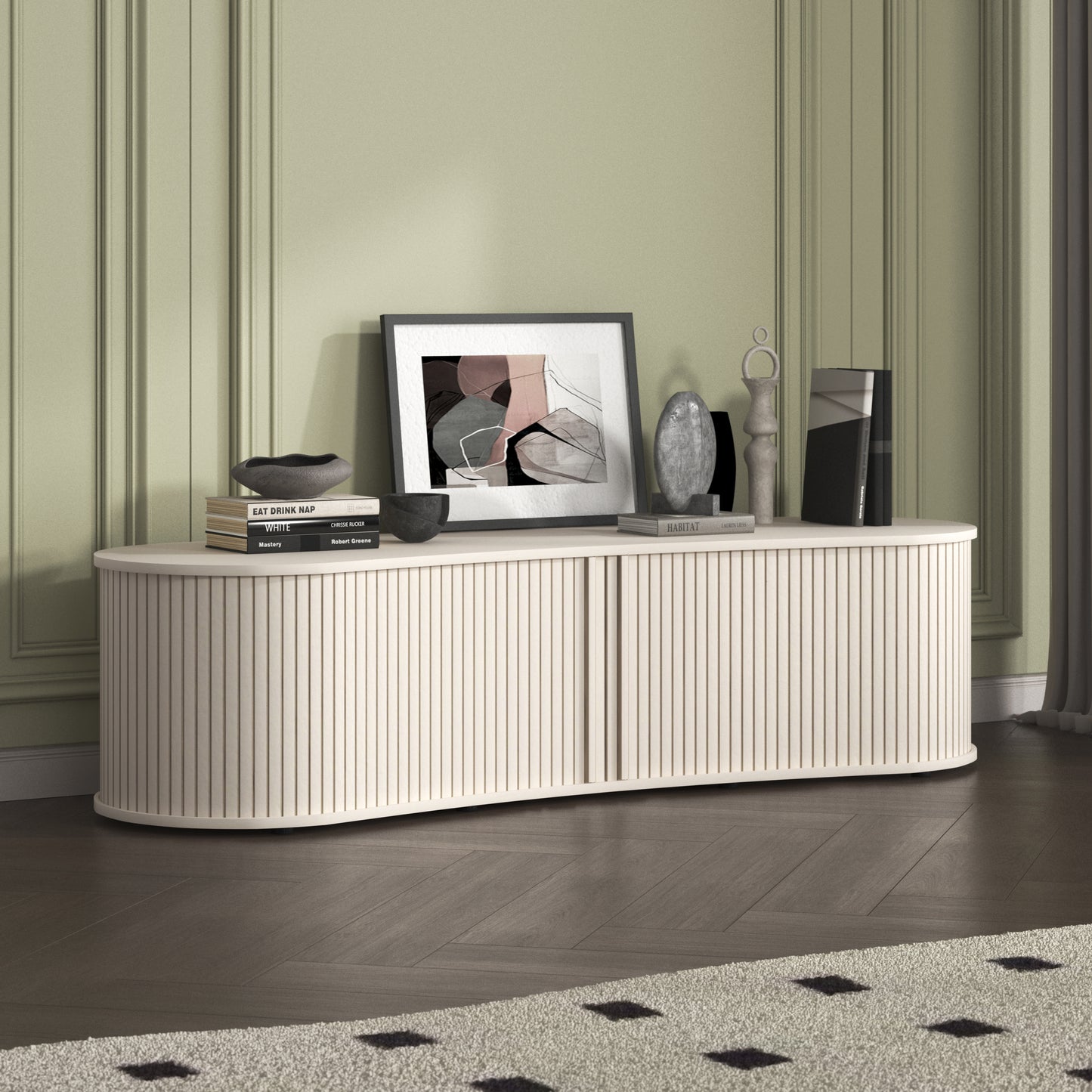Galano Curved TV Stand with Sliding Doors, 59.1" W x 17.7" D x 14.9" H