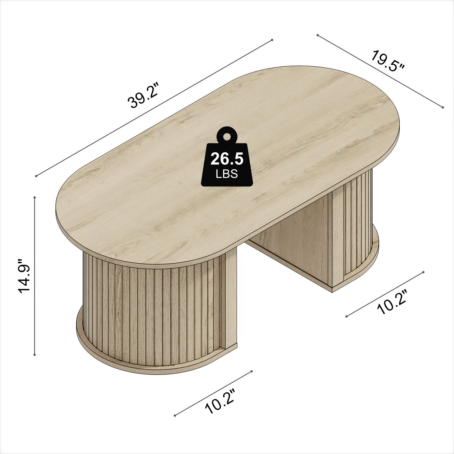 Galano Fluted Oblong Coffee Table with Semi-Round Base 39.2" W × 19.5" D × 14.9" H