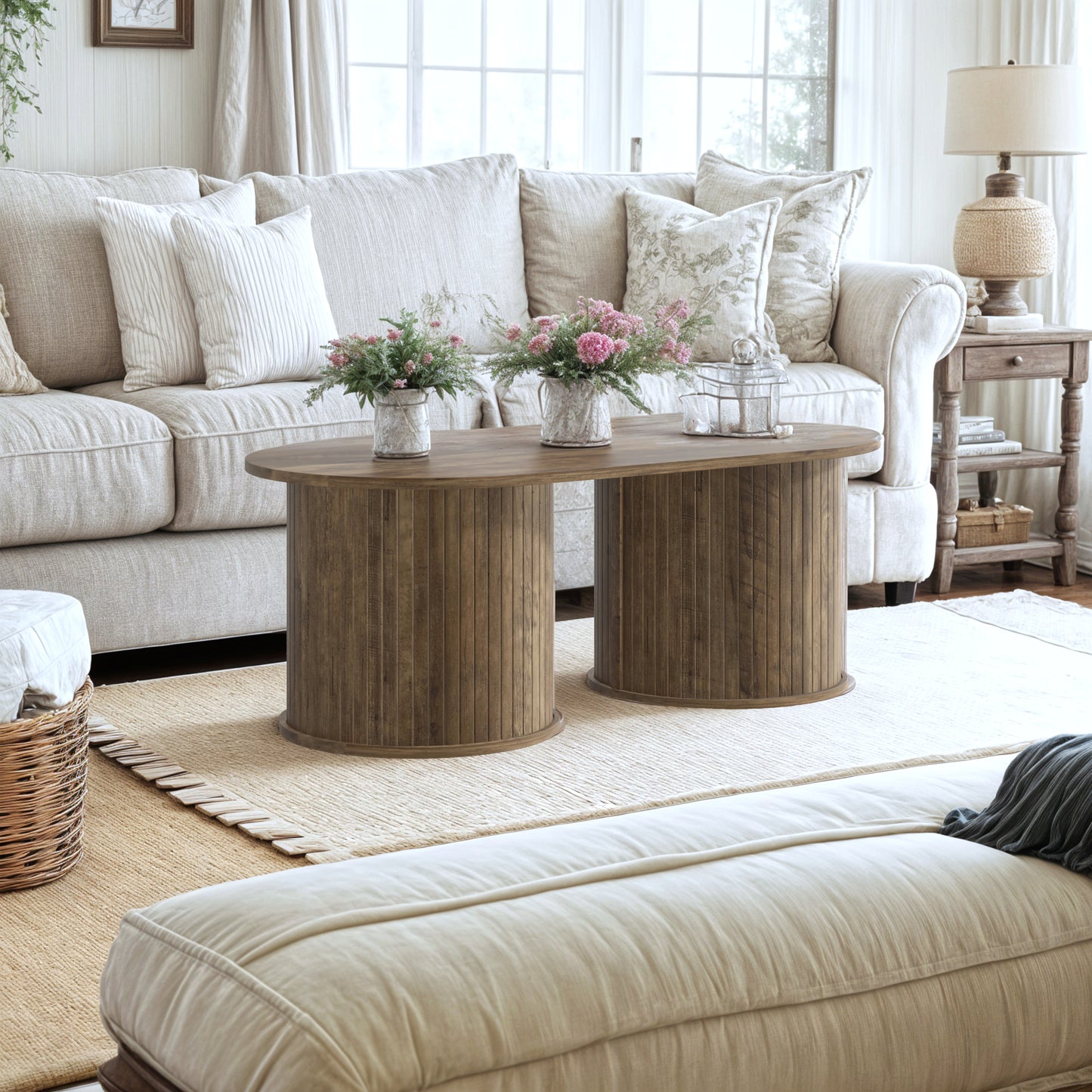 Galano Fluted Oblong Coffee Table with Round Base 39.2" W × 19.5" D × 14.9" H