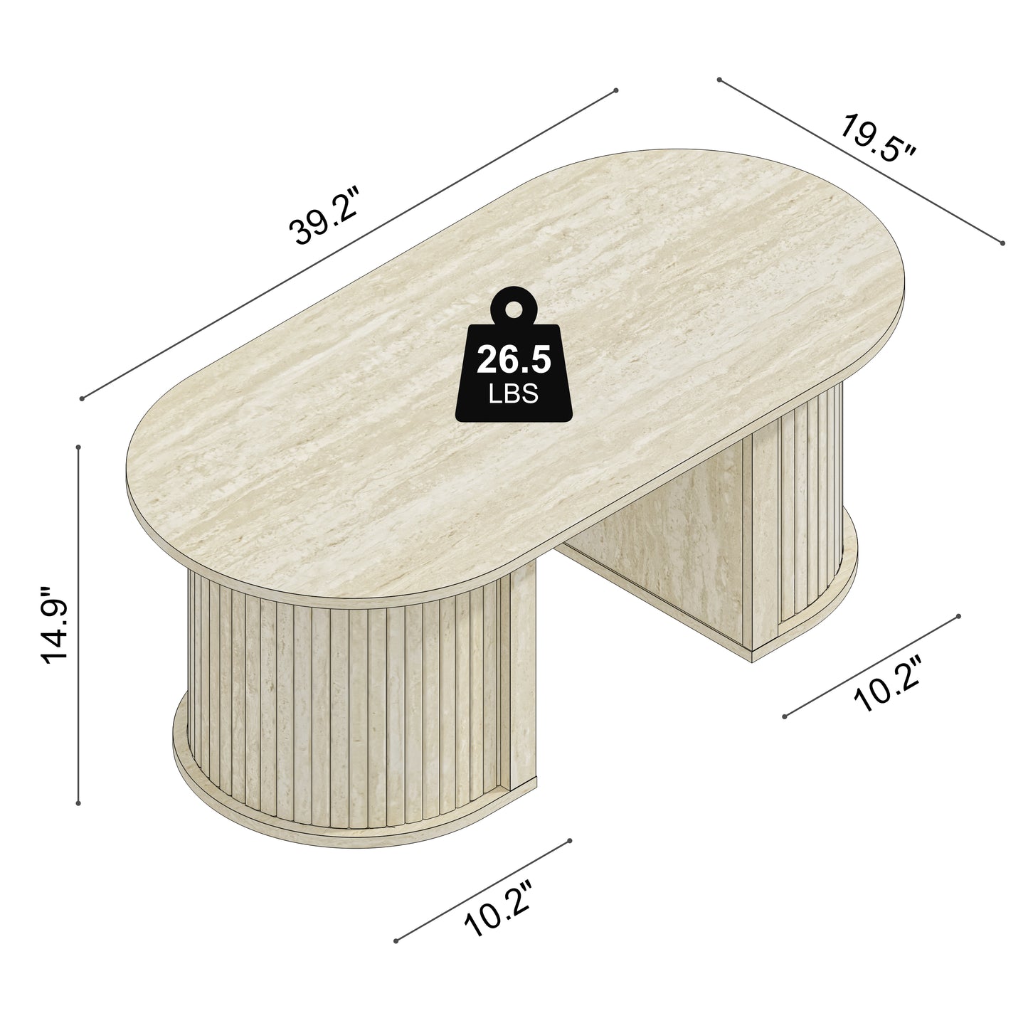 Galano Fluted Oblong Coffee Table with Semi-Round Base 39.2" W × 19.5" D × 14.9" H