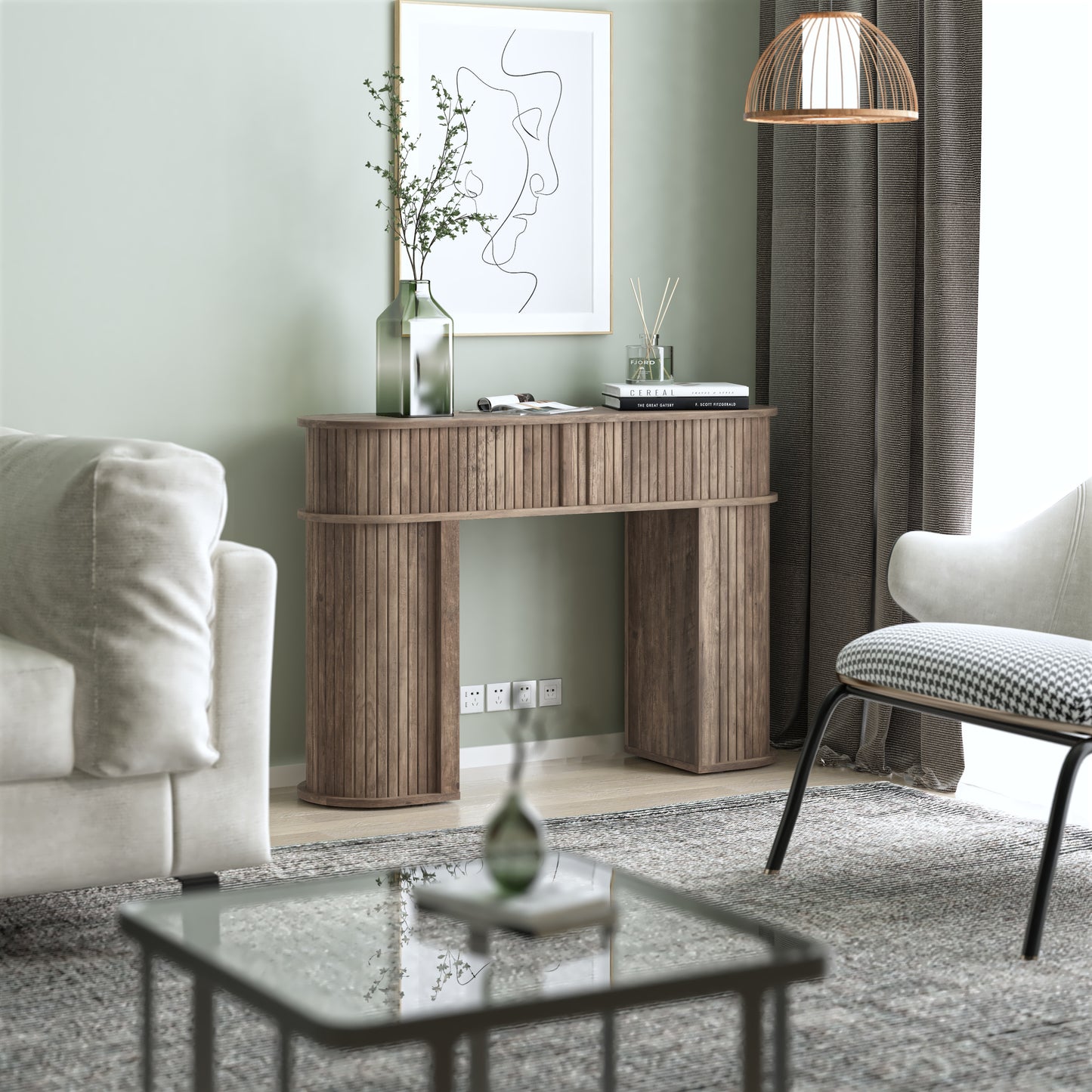 Galano Modern Console Table with Fluted Sliding Door Storage 41.7" W