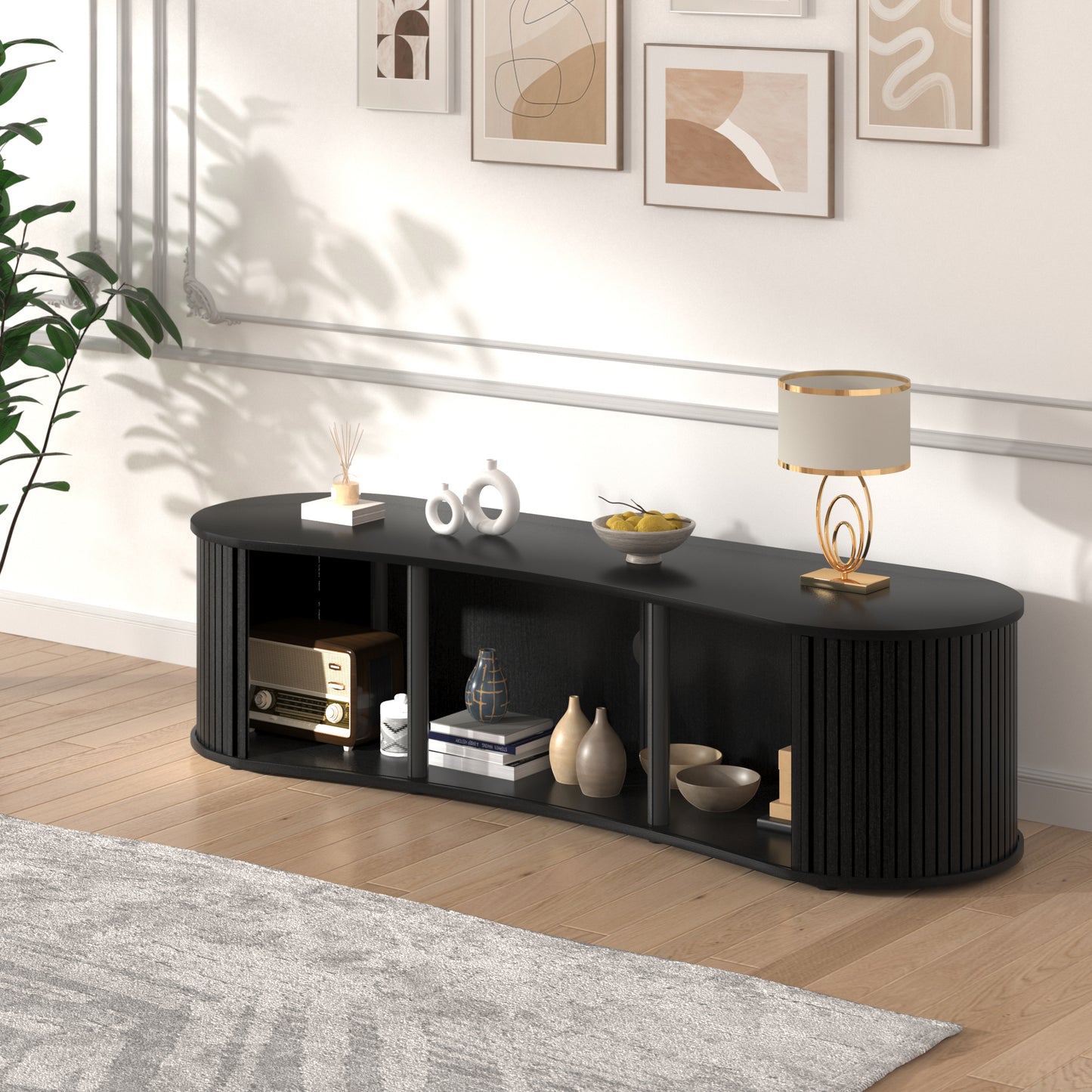 Galano Curved TV Stand with Sliding Doors, 59.1" W x 17.7" D x 14.9" H