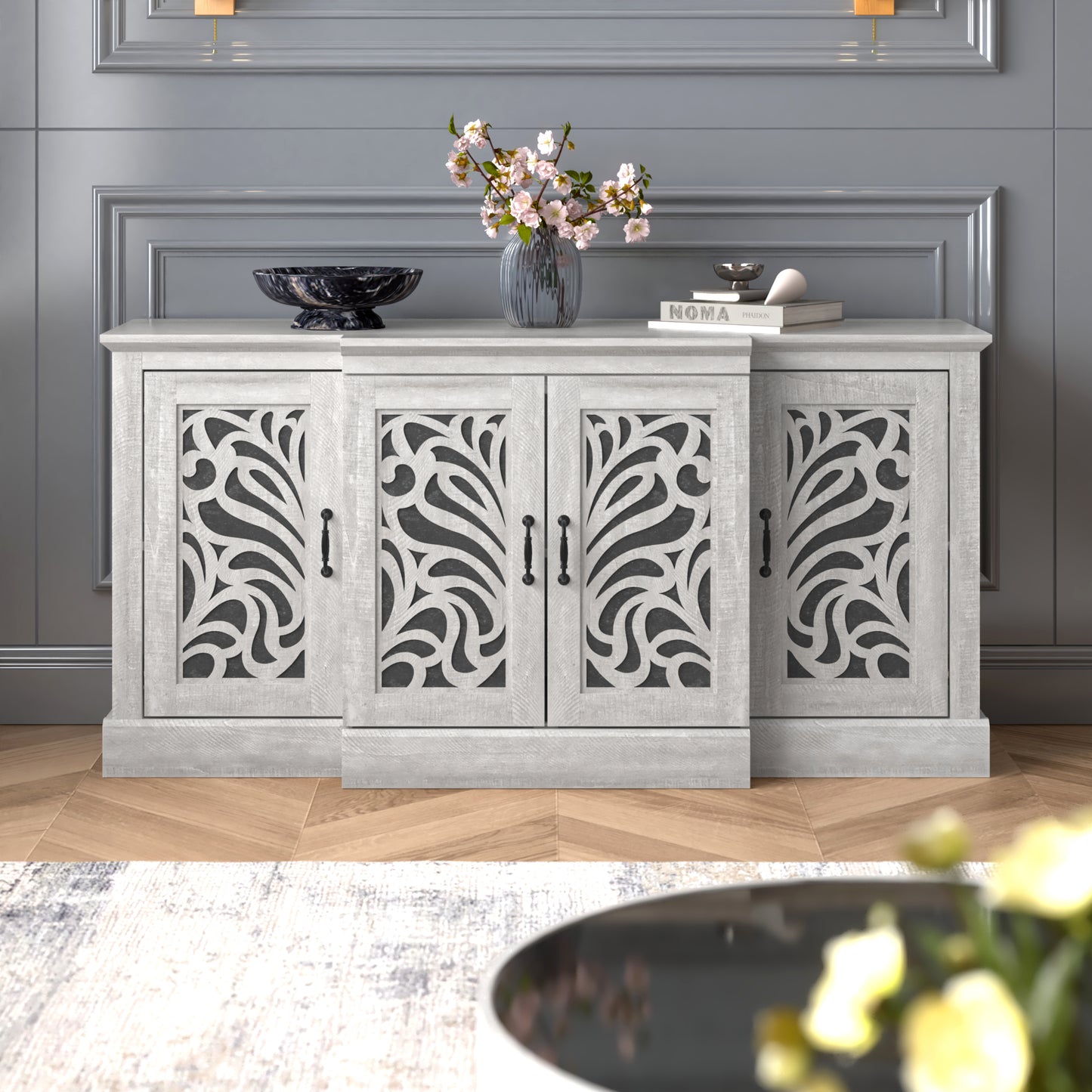 Galano sideboard with traditional cutout doors in gray 60.4" W × 18.2" D × 29.3" H