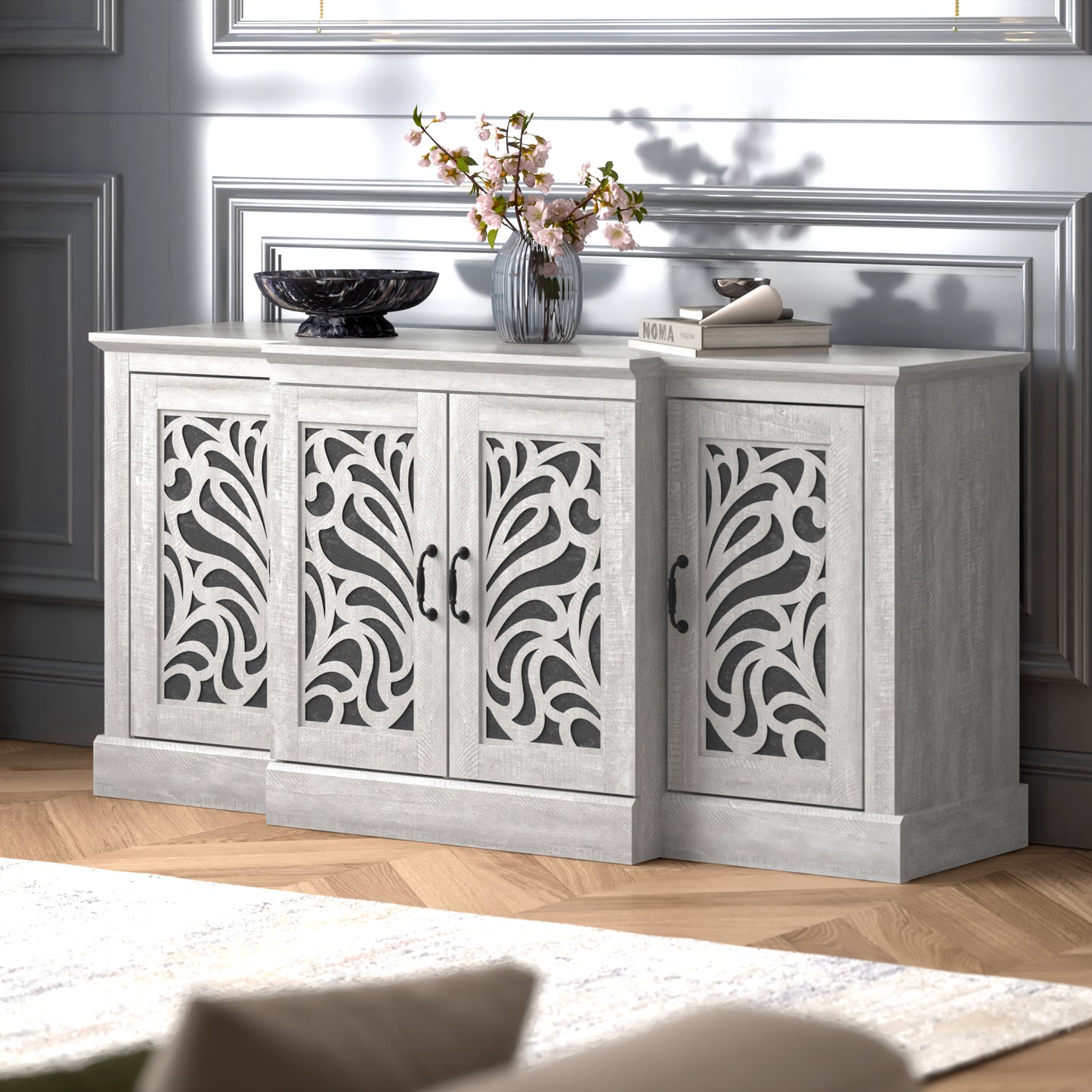 Galano sideboard with traditional cutout doors in gray 60.4" W × 18.2" D × 29.3" H