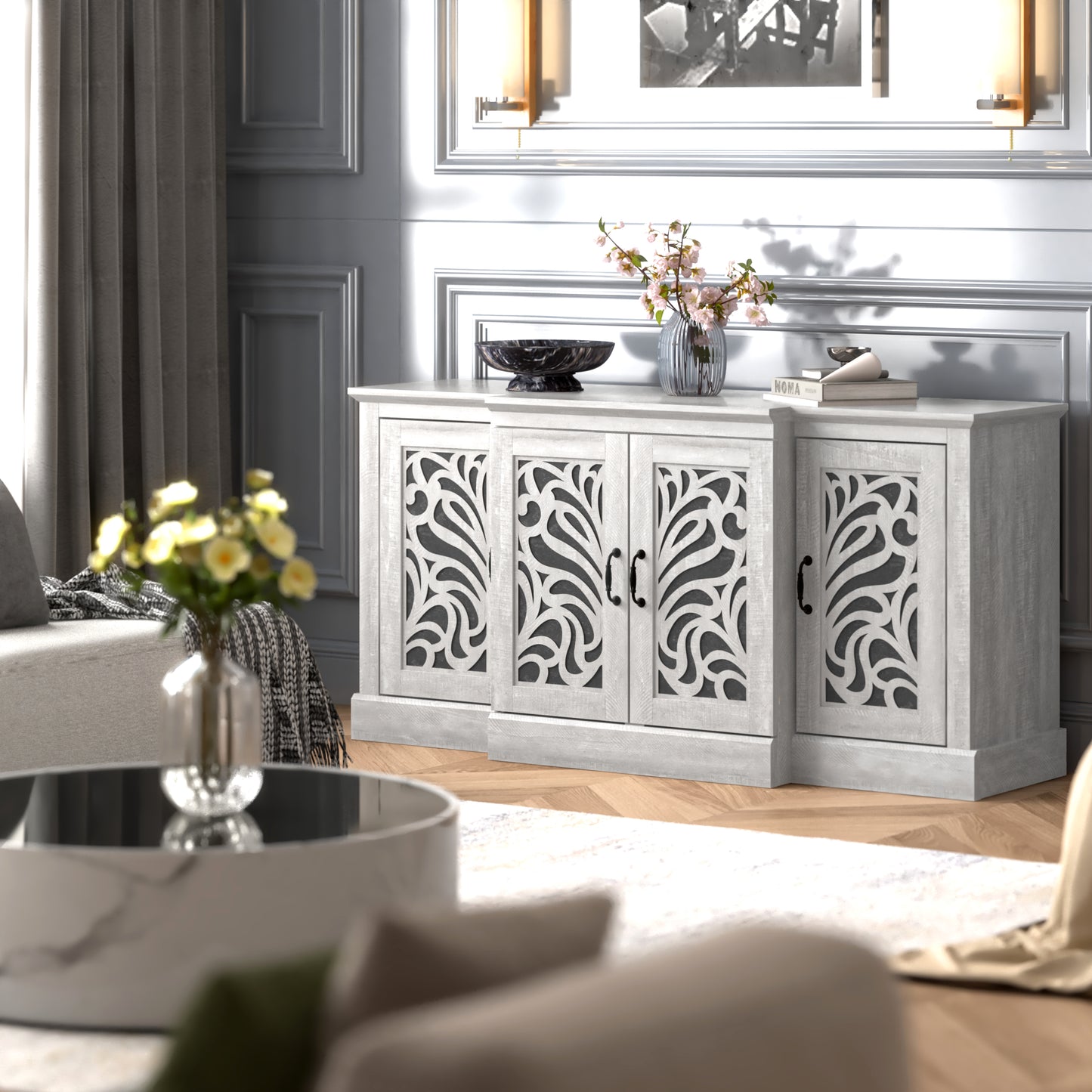 Galano sideboard with traditional cutout doors in gray 60.4" W × 18.2" D × 29.3" H
