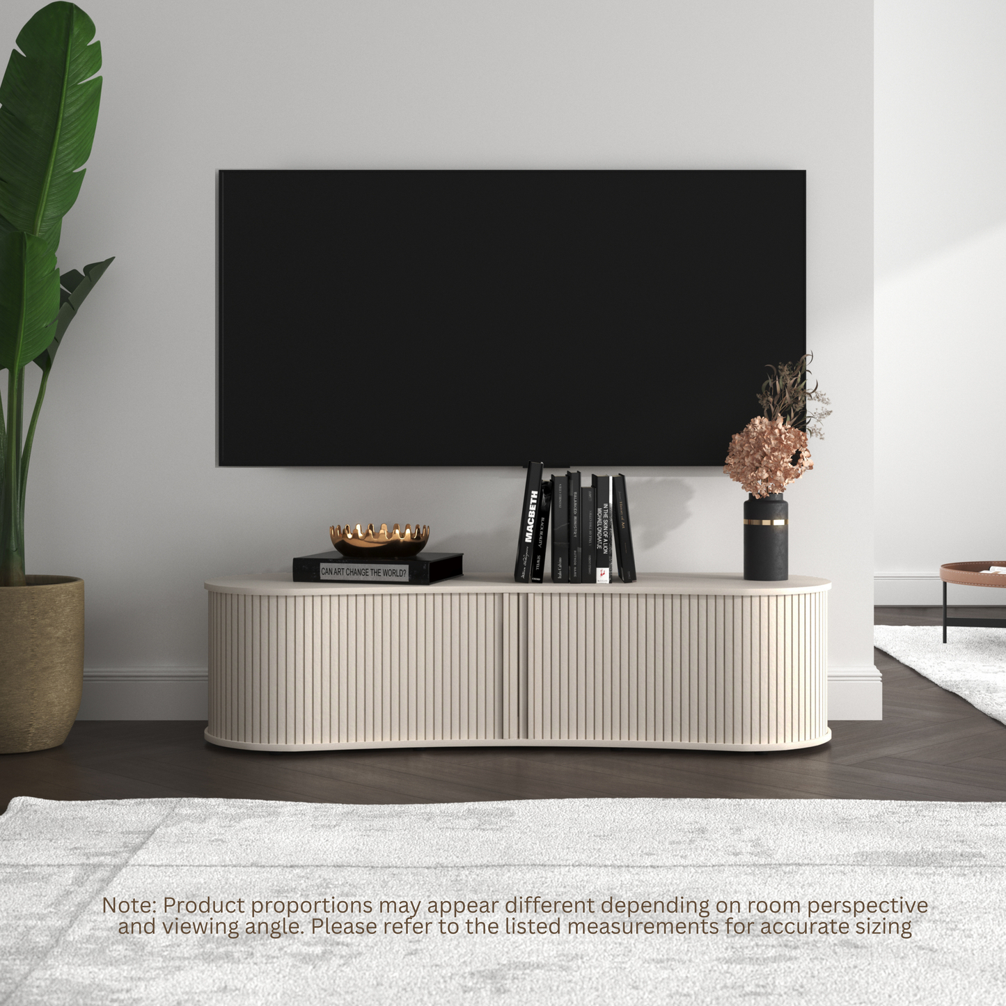 Galano Curved TV Stand with Sliding Doors, 59.1" W x 17.7" D x 14.9" H