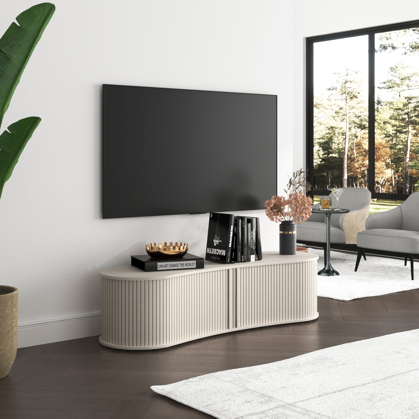 Galano Curved TV Stand with Sliding Doors, 59.1" W x 17.7" D x 14.9" H