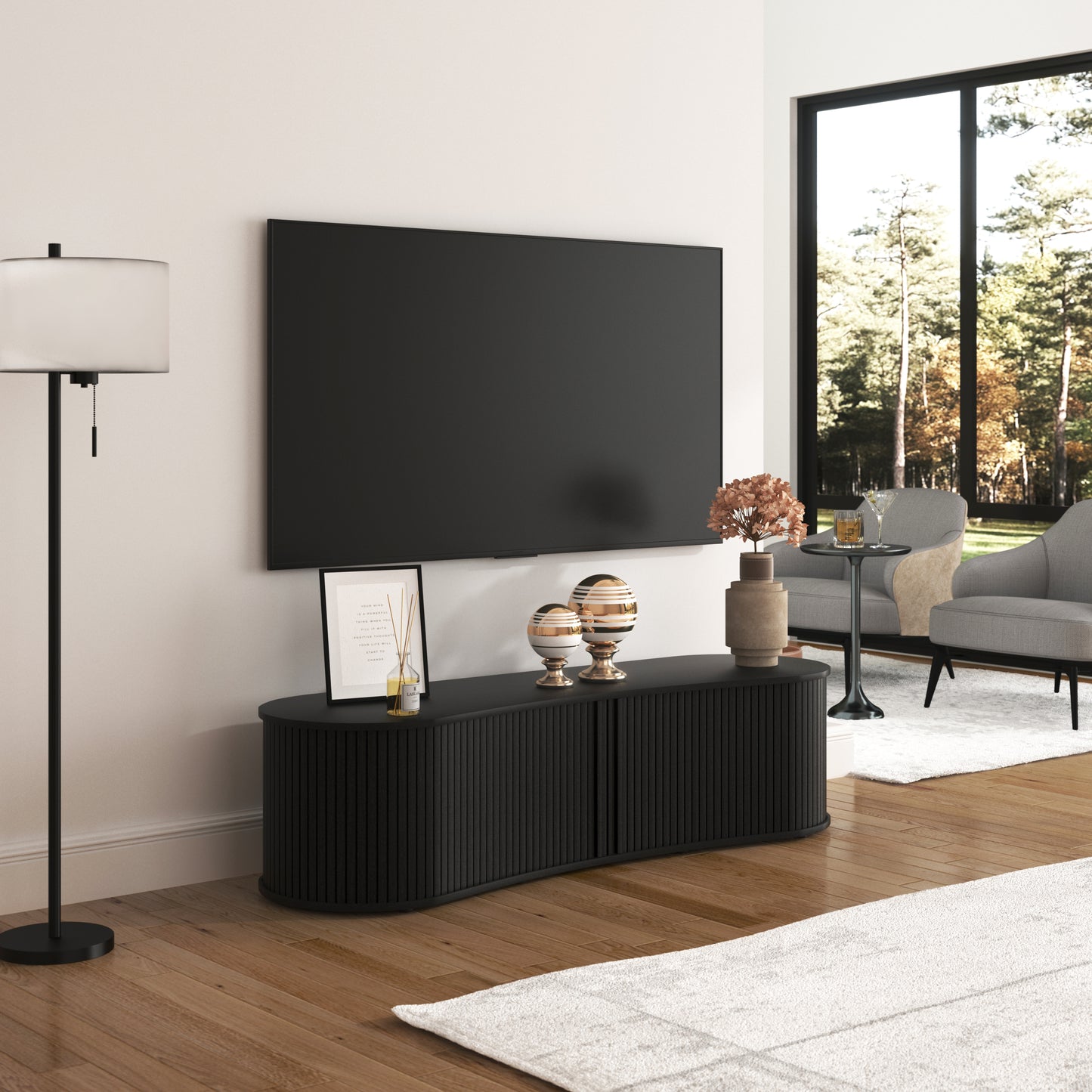 Galano Curved TV Stand with Sliding Doors, 59.1" W x 17.7" D x 14.9" H