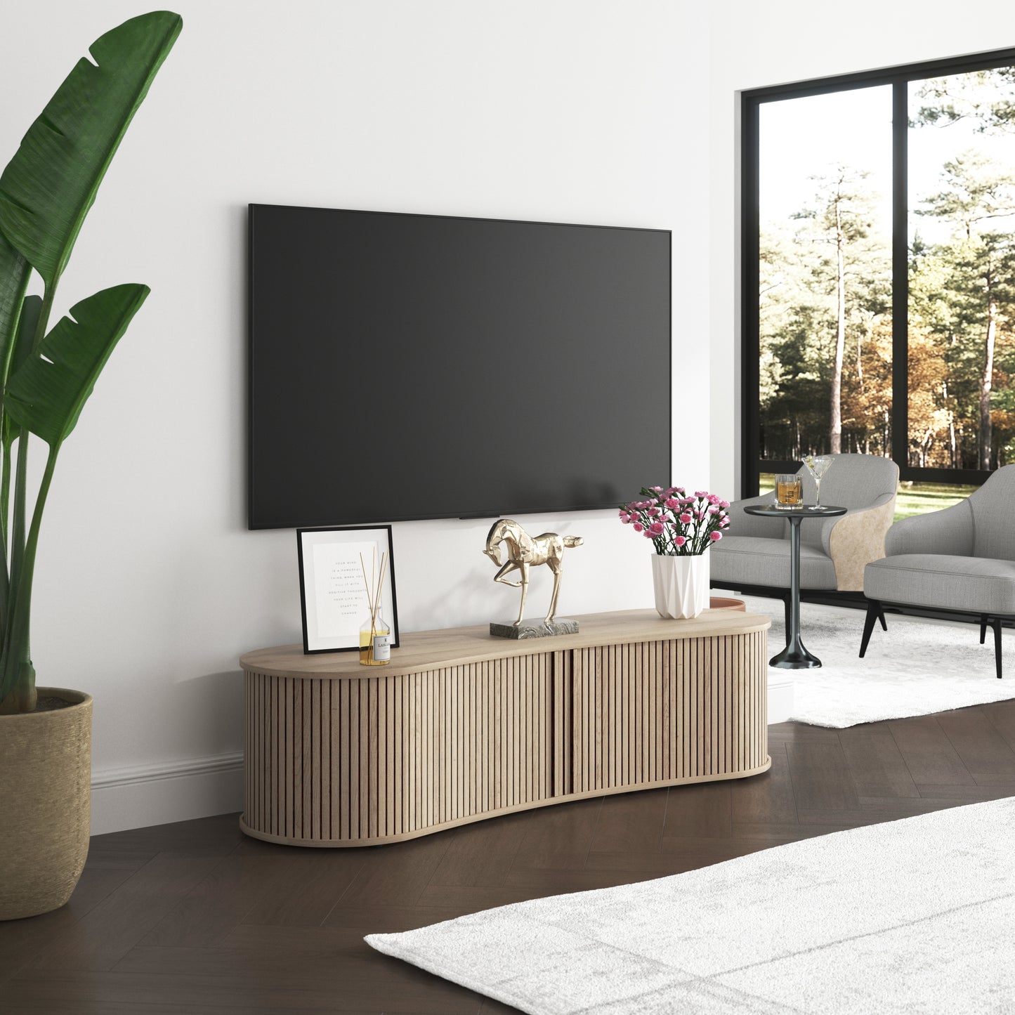 Galano Curved TV Stand with Sliding Doors, 59.1" W x 17.7" D x 14.9" H
