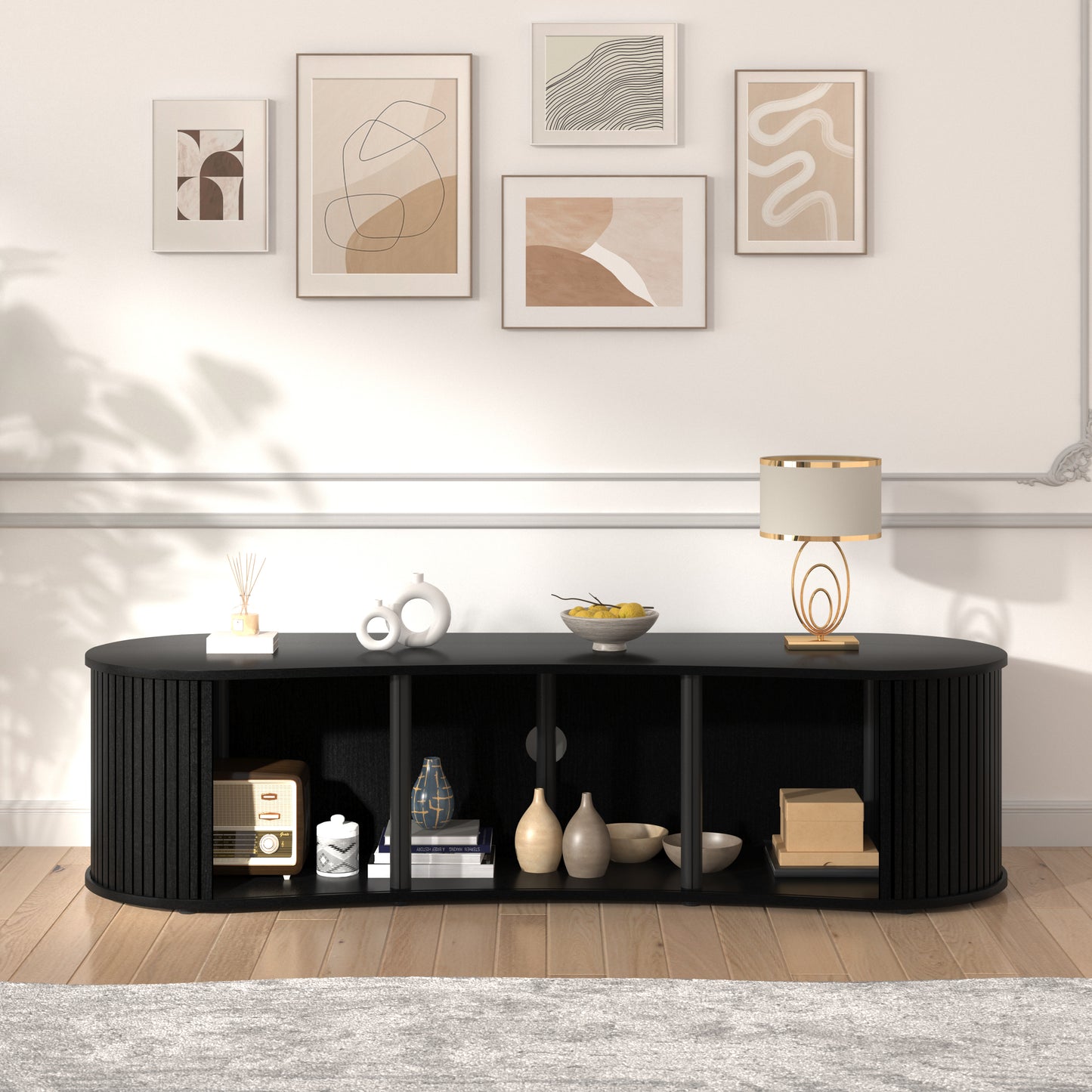 Galano Curved TV Stand with Sliding Doors, 59.1" W x 17.7" D x 14.9" H