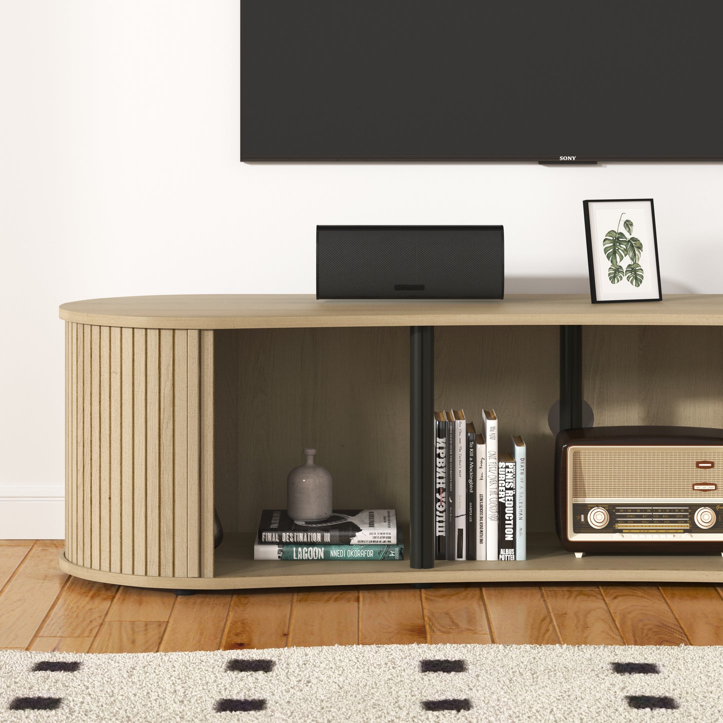 Galano Curved TV Stand with Sliding Doors, 59.1" W x 17.7" D x 14.9" H