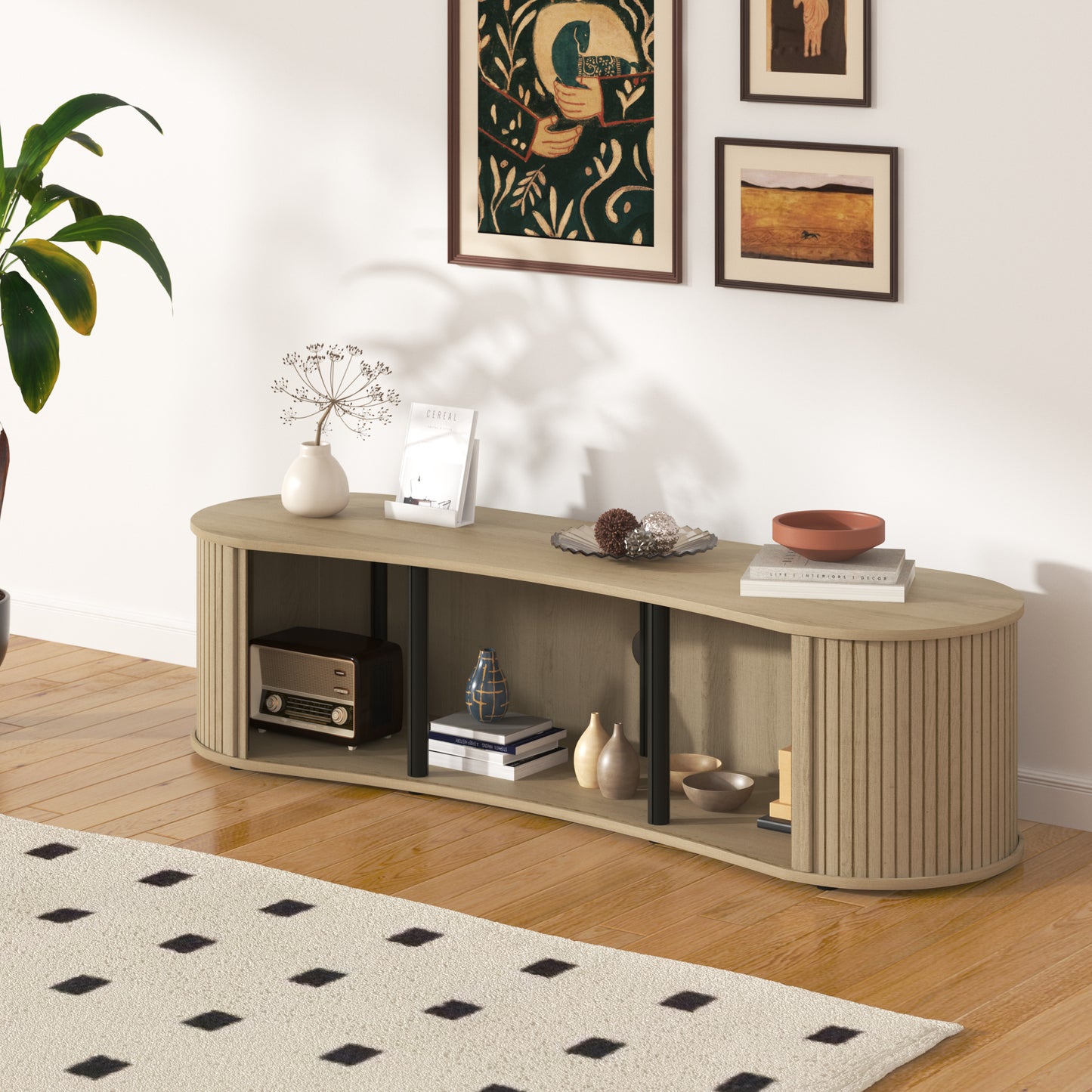 Galano Curved TV Stand with Sliding Doors, 59.1" W x 17.7" D x 14.9" H