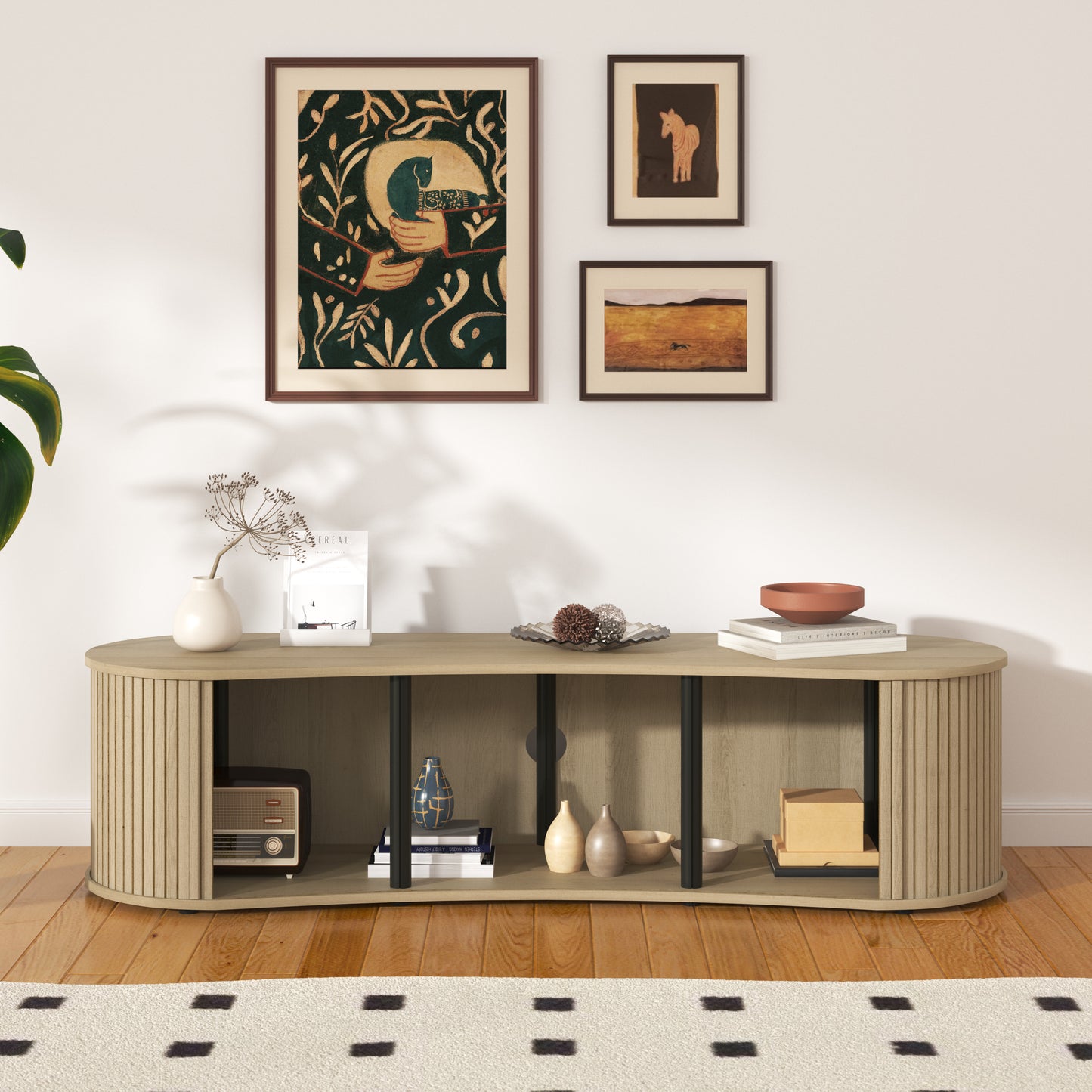 Galano Curved TV Stand with Sliding Doors, 59.1" W x 17.7" D x 14.9" H