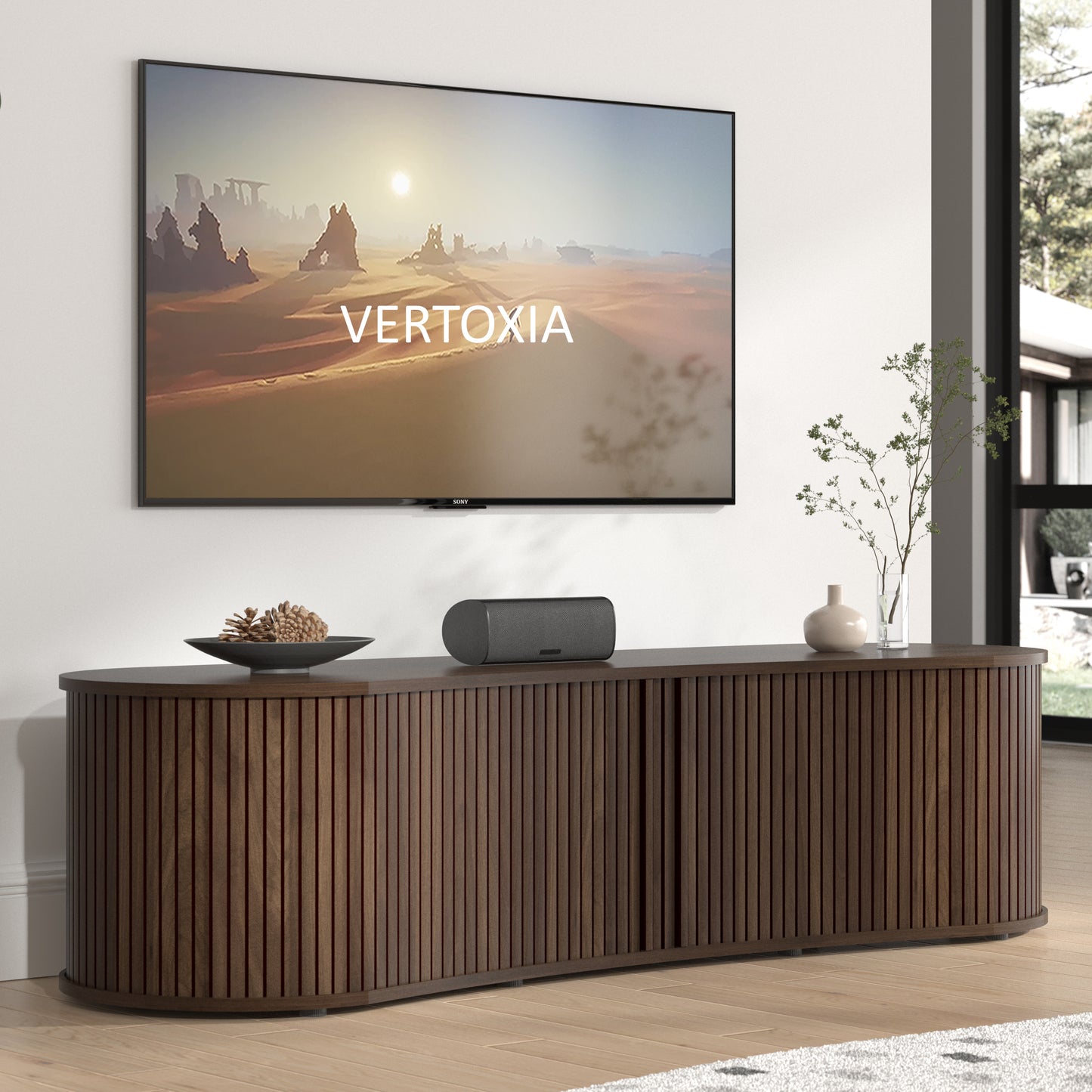 Galano Curved TV Stand with Sliding Doors, 59.1" W x 17.7" D x 14.9" H