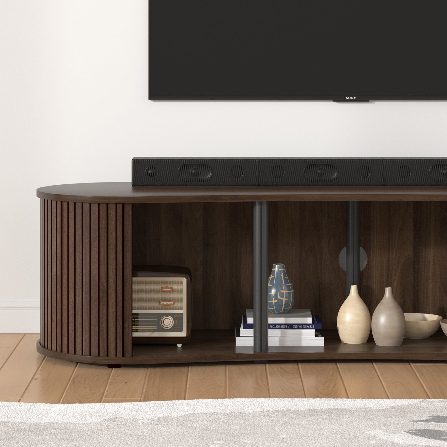 Galano Curved TV Stand with Sliding Doors, 59.1" W x 17.7" D x 14.9" H