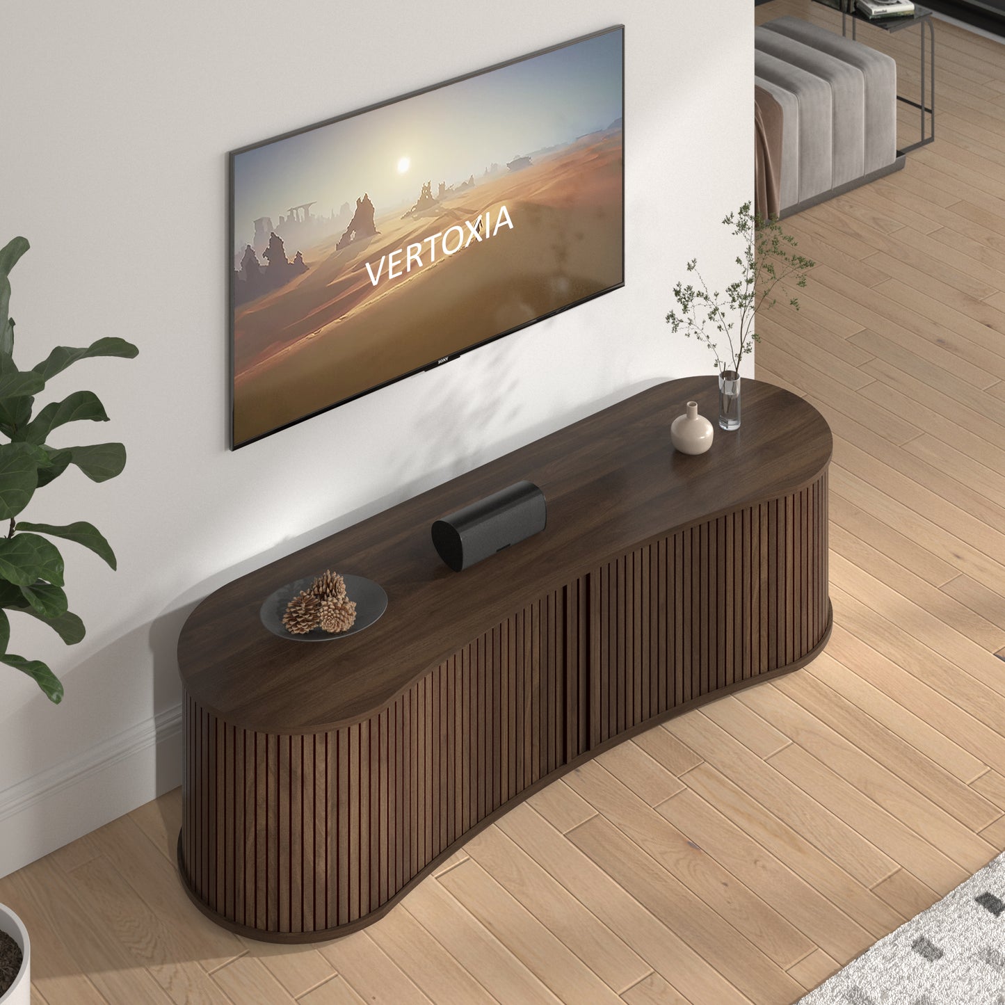 Galano Curved TV Stand with Sliding Doors, 59.1" W x 17.7" D x 14.9" H