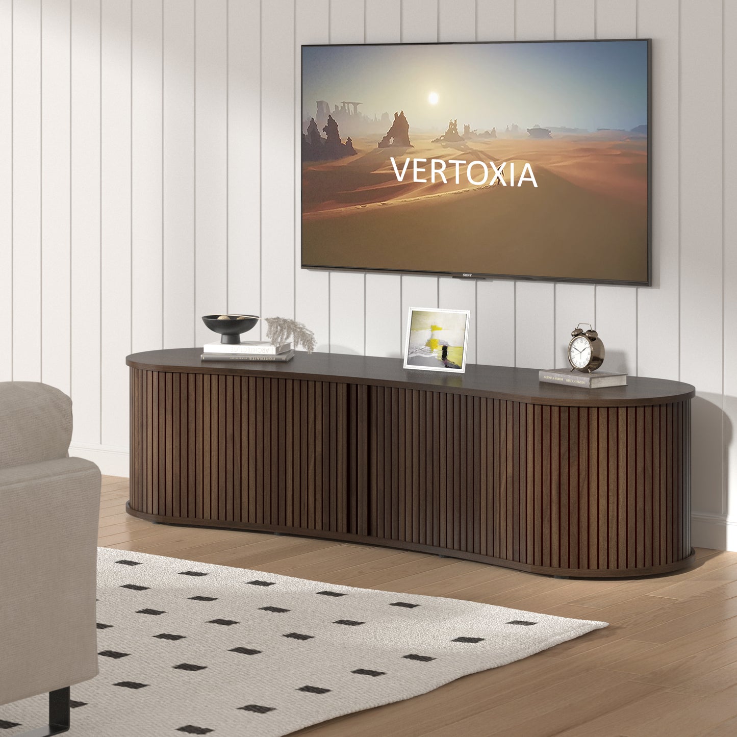 Galano Curved TV Stand with Sliding Doors, 59.1" W x 17.7" D x 14.9" H