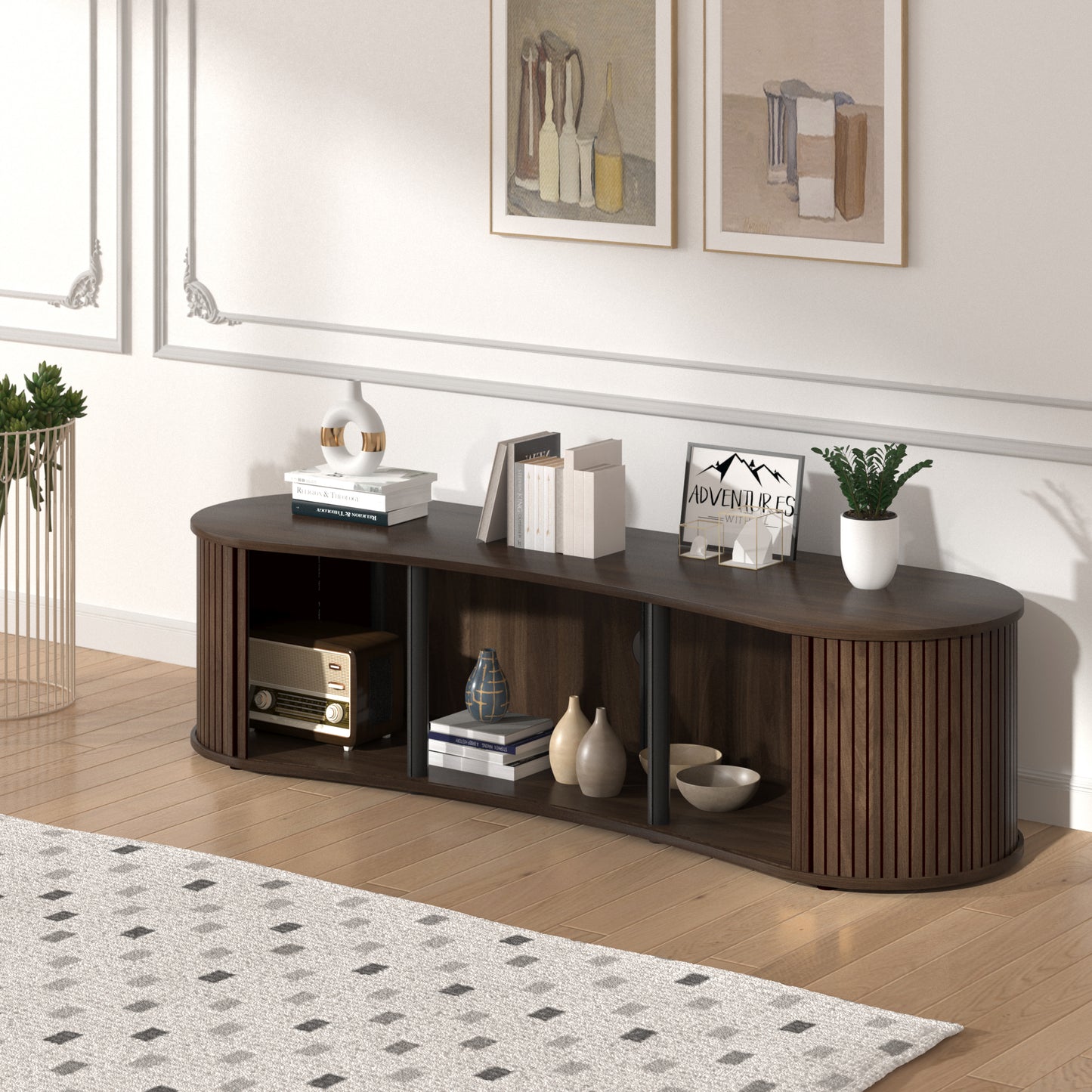 Galano Curved TV Stand with Sliding Doors, 59.1" W x 17.7" D x 14.9" H