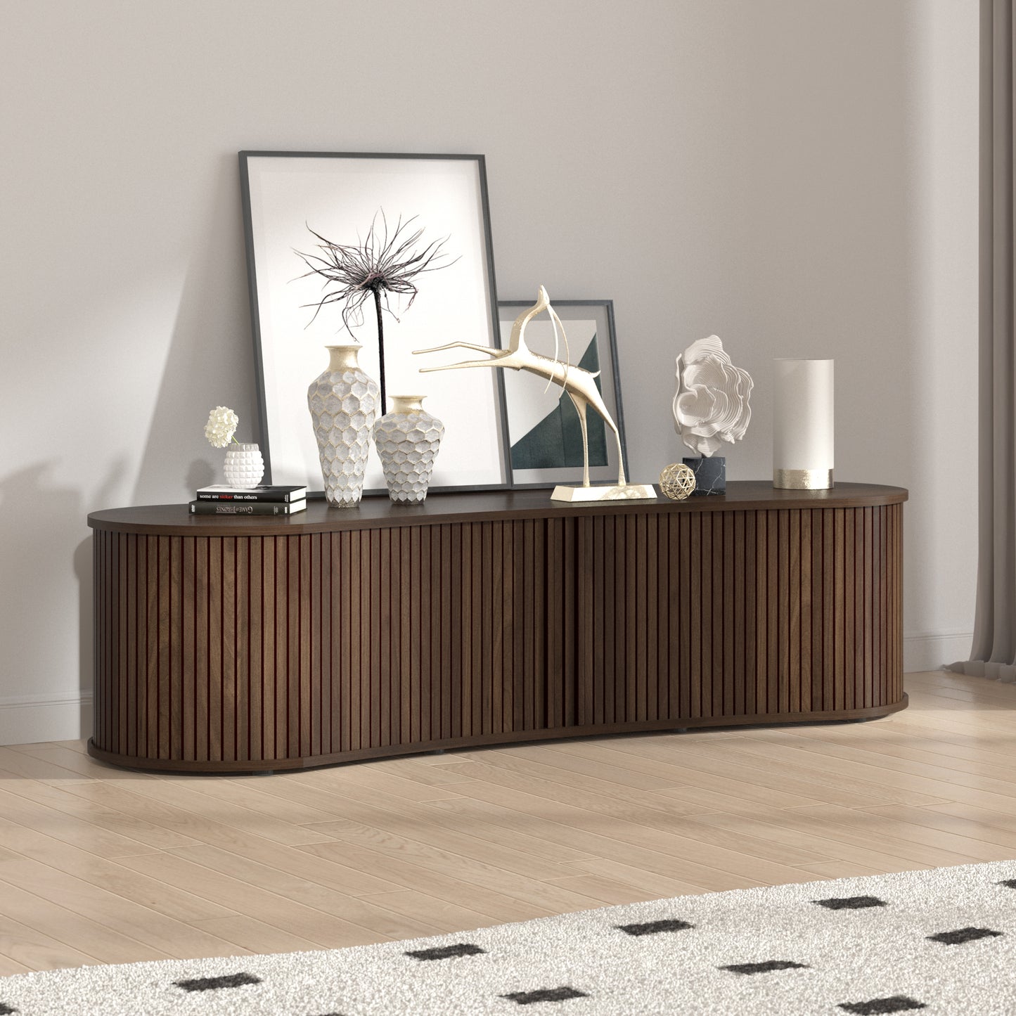 Galano Curved TV Stand with Sliding Doors, 59.1" W x 17.7" D x 14.9" H