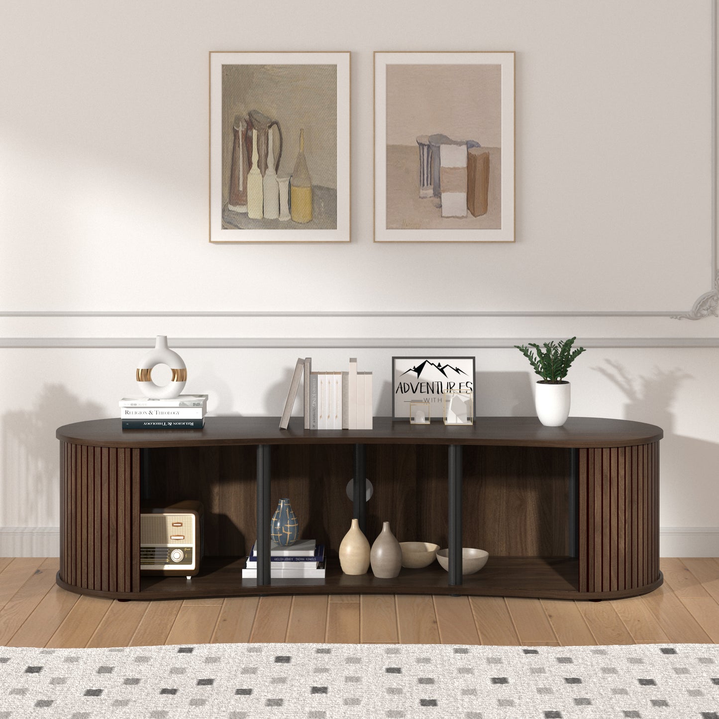 Galano Curved TV Stand with Sliding Doors, 59.1" W x 17.7" D x 14.9" H
