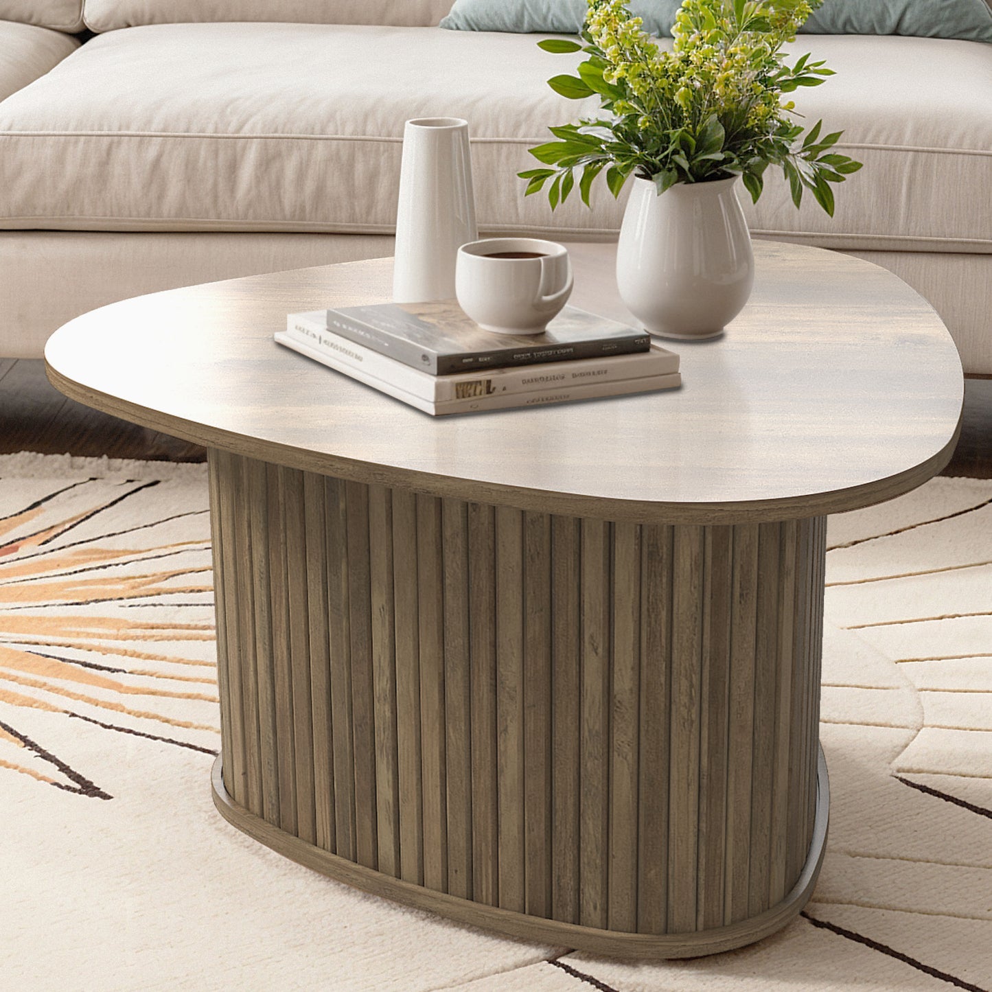 Galano Triangle Coffee Table with Fluted Pedestal Base 26.7" W × 27.6" D × 14.9" H