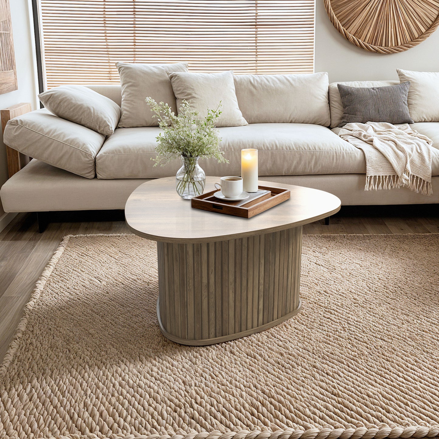 Galano Triangle Coffee Table with Fluted Pedestal Base 26.7" W × 27.6" D × 14.9" H