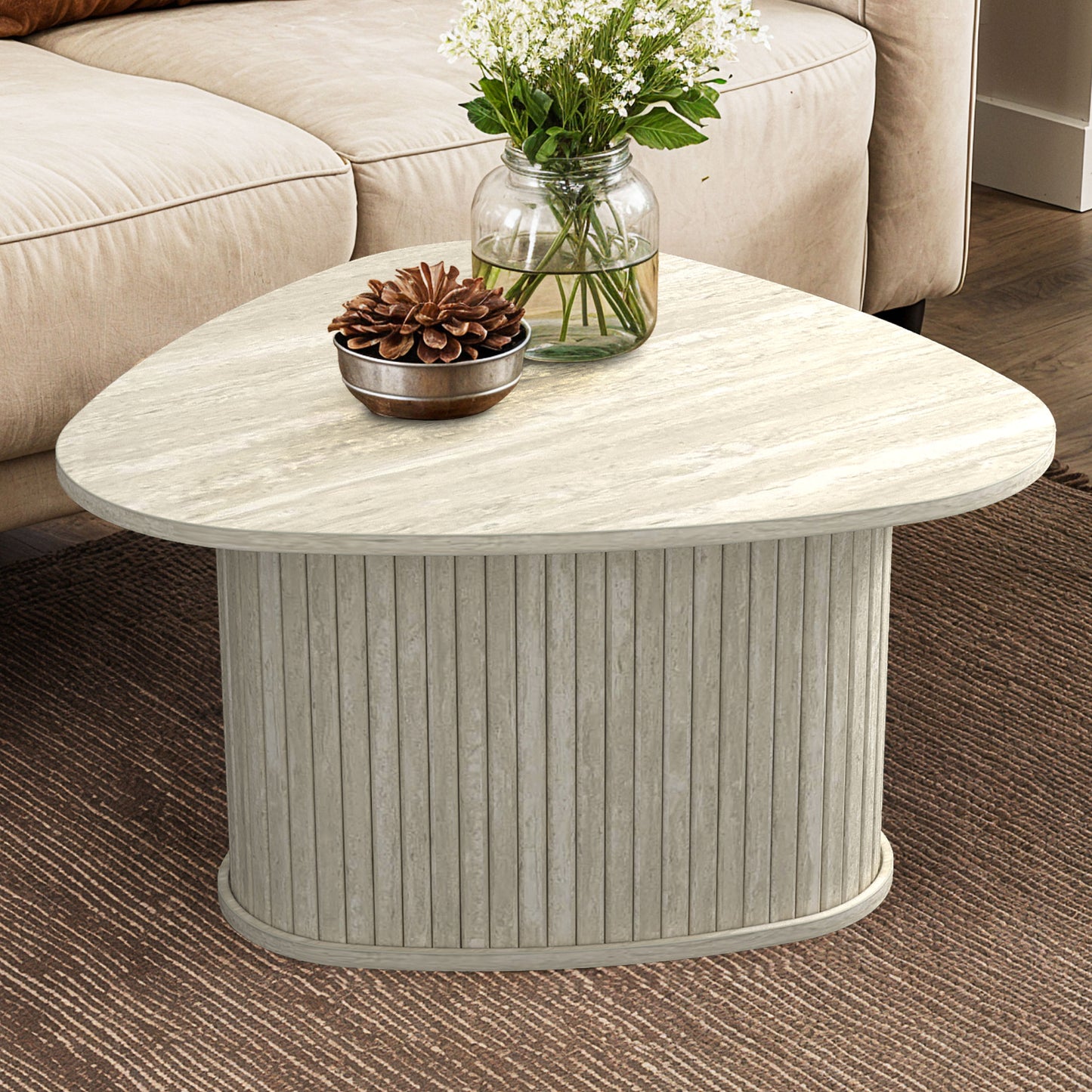 Galano Triangle Coffee Table with Fluted Pedestal Base 26.7" W × 27.6" D × 14.9" H