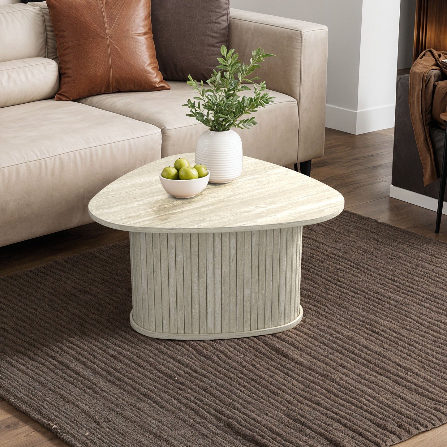 Galano Triangle Coffee Table with Fluted Pedestal Base 26.7" W × 27.6" D × 14.9" H