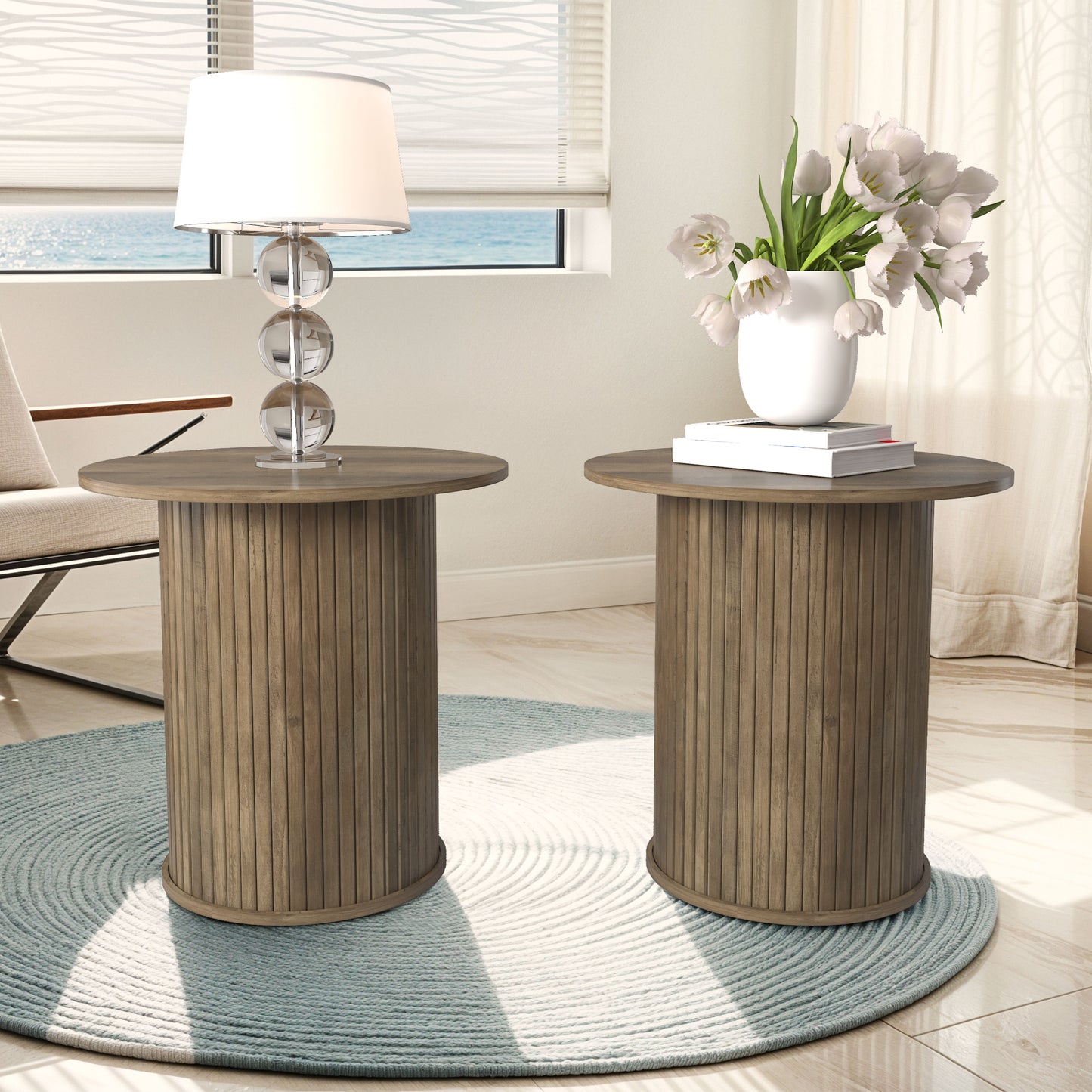Galano Set of 2 Fluted Pedestal Round End Tables 21.7" W × 21.7" D × 21.9" H