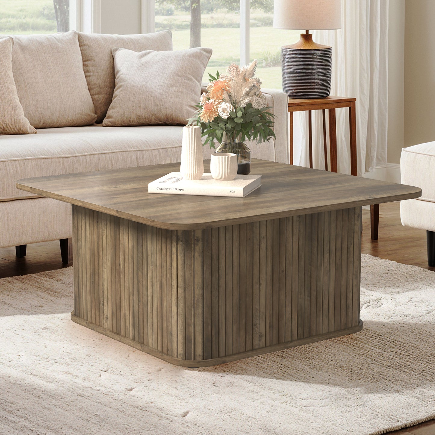 Galano Fluted Square Coffee Table in Wood Finish 31.3" W × 31.3" D × 14.9"