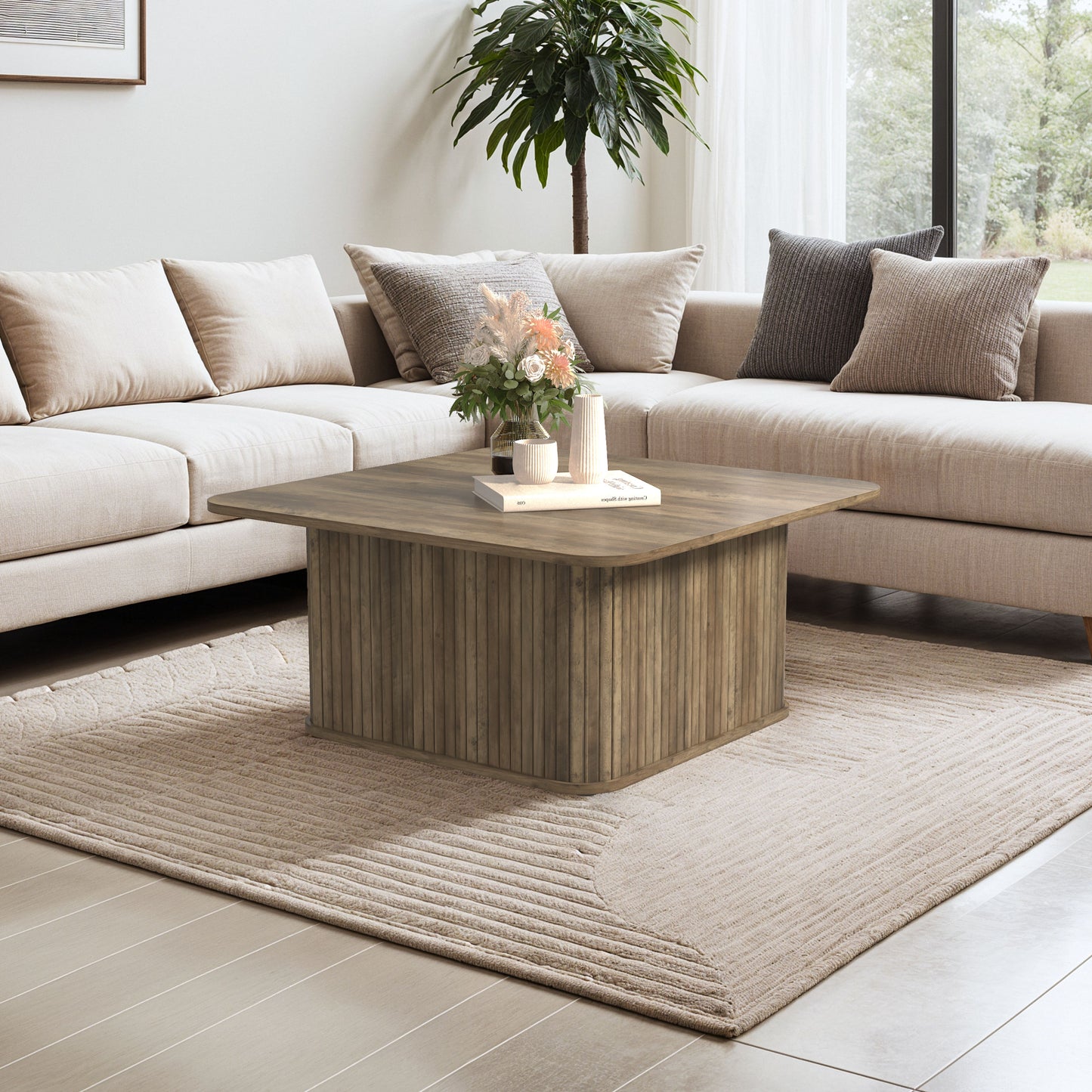 Galano Fluted Square Coffee Table in Wood Finish 31.3" W × 31.3" D × 14.9"